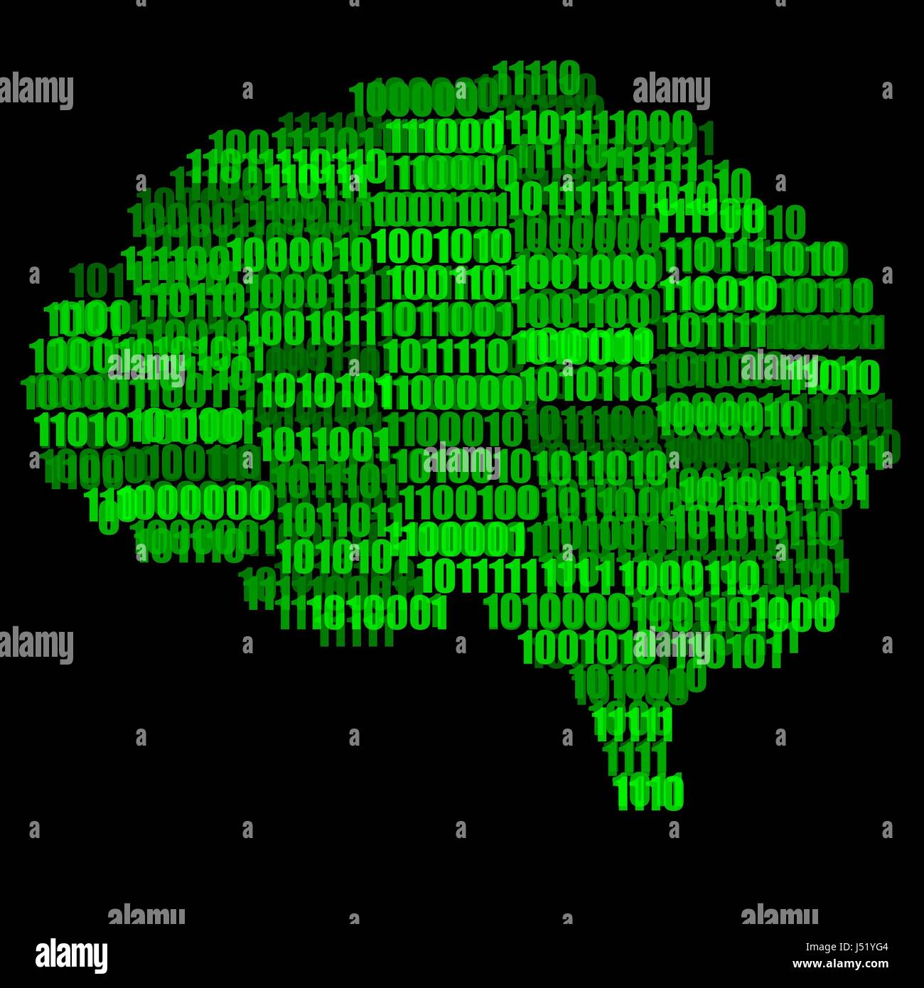 Grün auf schwarz digitale Gehirn Concept Illustration auf schwarzem Hintergrund isoliert Stockfoto