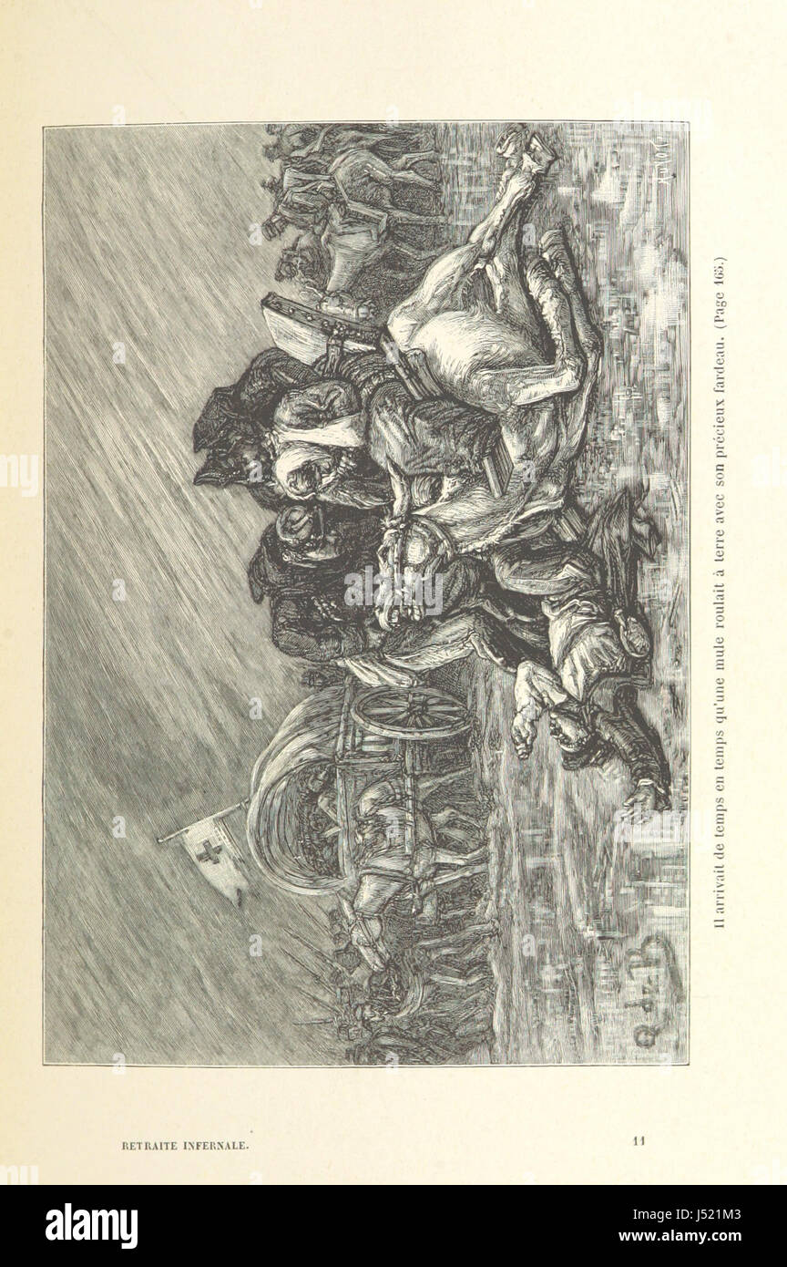 "La Retraite infernale" ist ein historisches Werk, das den militärischen Rückzug während des Deutsch-Französischen Krieges von 1870 bis 1871 veranschaulicht, insbesondere den Rückzug französischer Truppen aus der Loire. Das Werk wird von 26 Stichen und einer Karte von Quesnay de Beaurepaire begleitet, die die visuelle Dokumentation der Veranstaltung liefert. Stockfoto