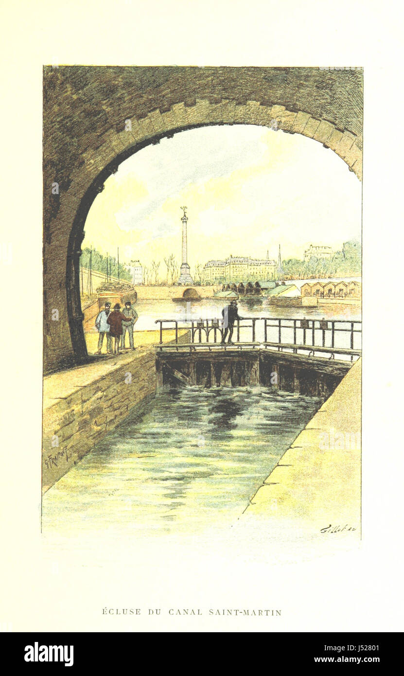La seine Ã travers Paris ist ein Buch, das illustrierte Darstellungen des Flusses seine, der durch Paris fließt, mit farbenfrohen Kompositionen von G. Fraipont zeigt. Stockfoto