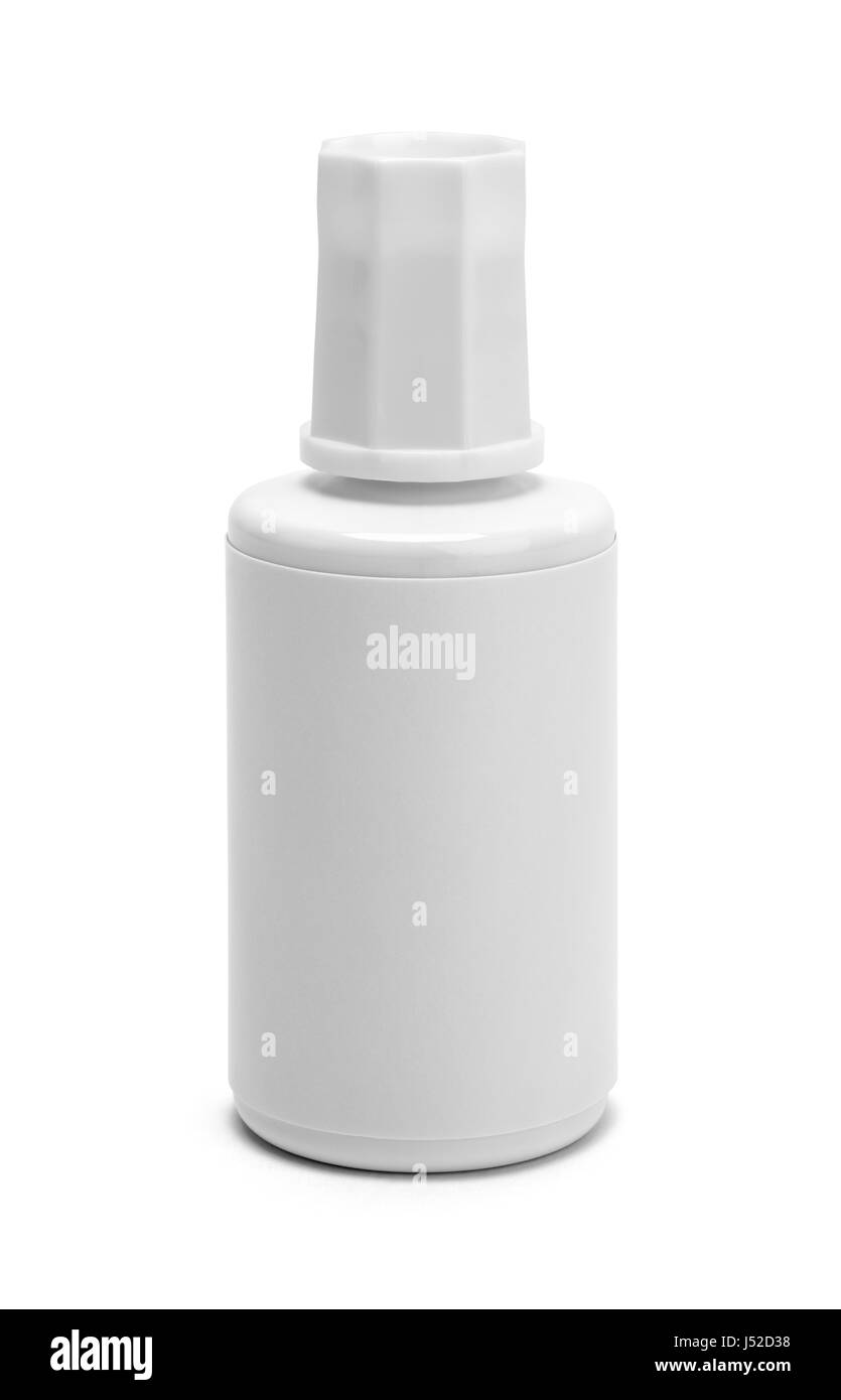 Eine Flasche Korrektur weißer Farbe auf weißem Hintergrund isoliert. Stockfoto