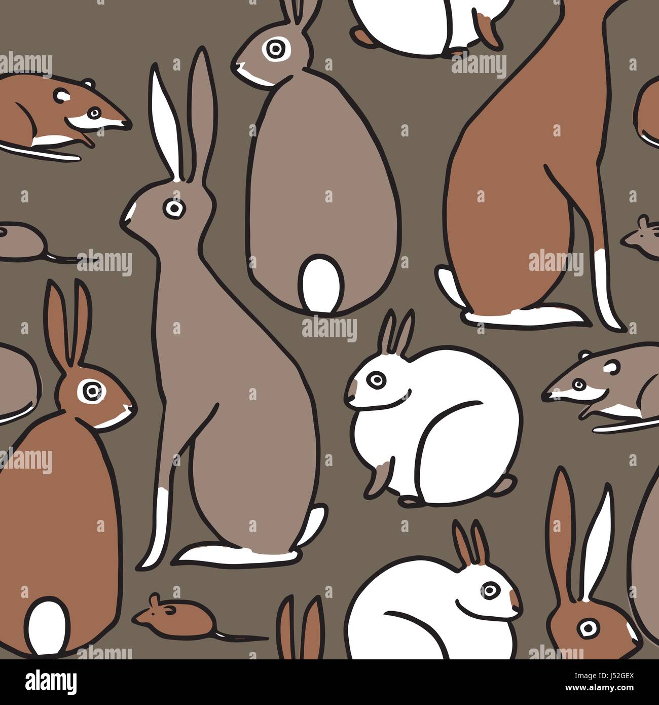 nahtlose Muster der vielfältigen Kaninchen, Hasen und andere Nager und Tierwelt. Vektormuster Stock Vektor
