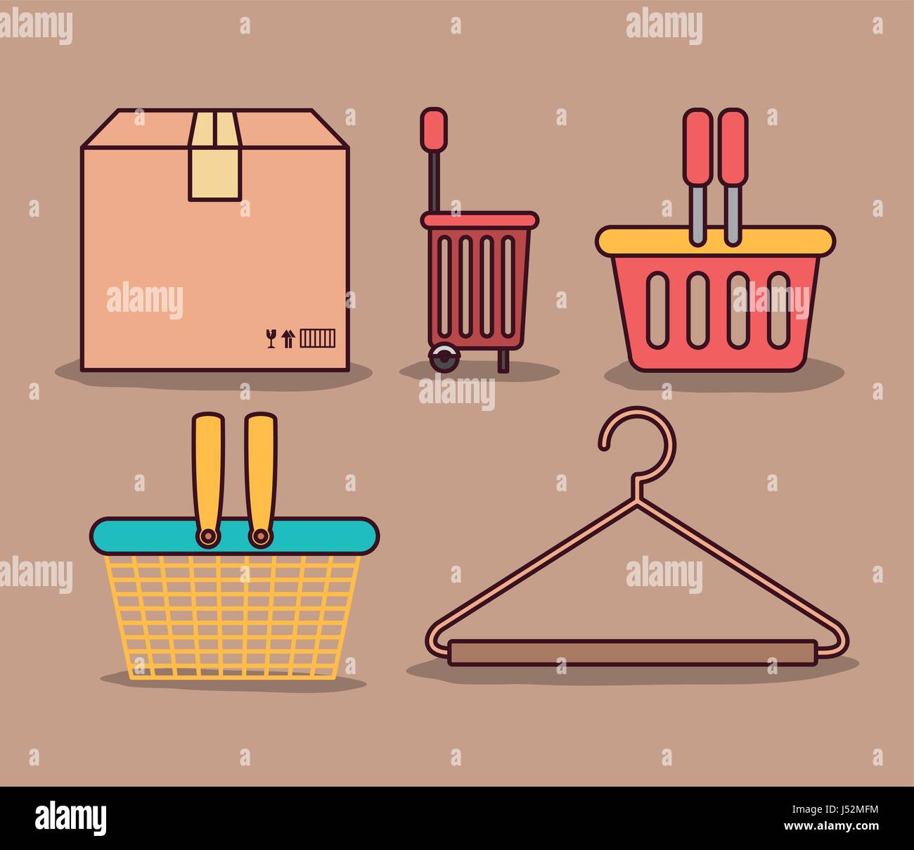 hellbraune Farbe Hintergrund Paket mit Differents Warenkörbe und Haken Schrank shirt Stock Vektor