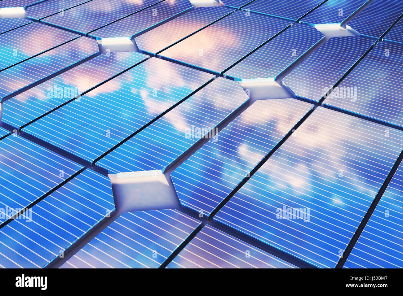3D-Illustration Reflexion der Wolken auf die Photovoltaik-Zellen. Blaue Sonnenkollektoren auf dem Rasen. Alternative Stromquelle Konzept. Öko-Energie, saubere Energie Stockfoto