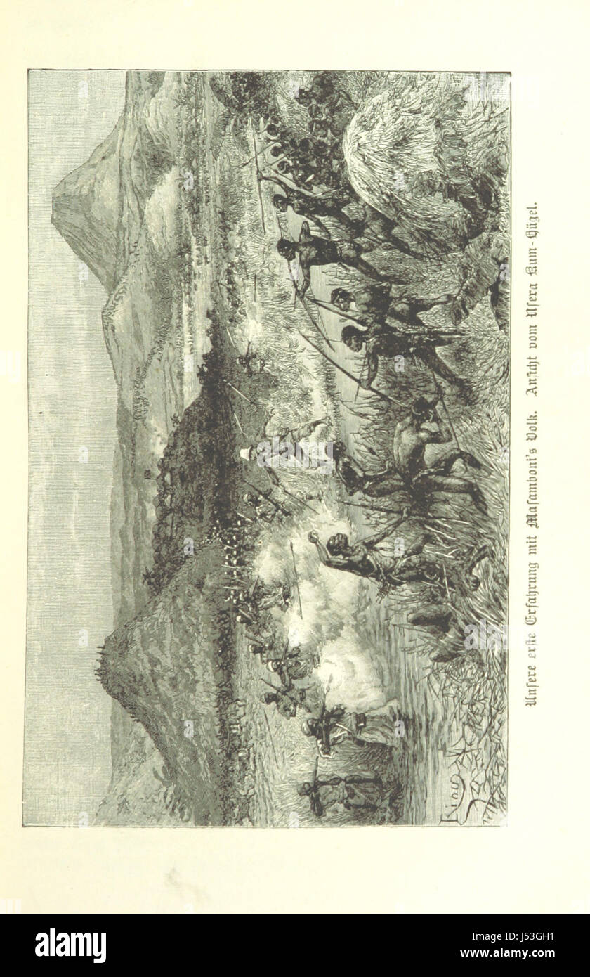*In the Dark Africa* ist eine deutsche Übersetzung eines Werkes, das Henry Morton Stanley ursprünglich in englischer Sprache geschrieben hat und seine Reise ins Herz Afrikas beschreibt. Das Buch beschreibt seine Entdeckungen und Begegnungen mit lokalen Stämmen während seiner Expedition. Stockfoto