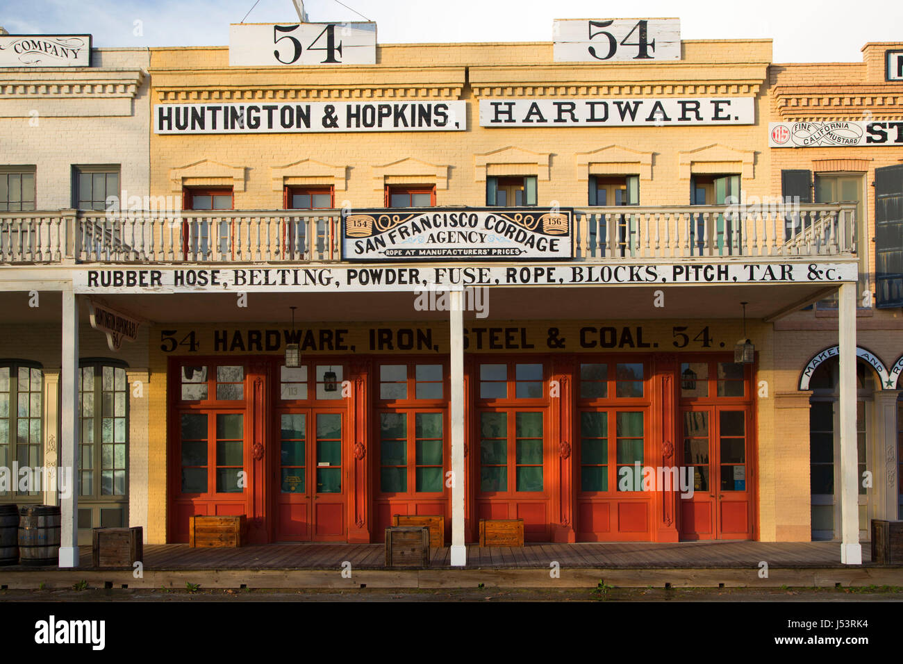 Huntington und Hopkins Hardware bauen, Old Sacramento State Historic Park, Sacramento, Kalifornien Stockfoto