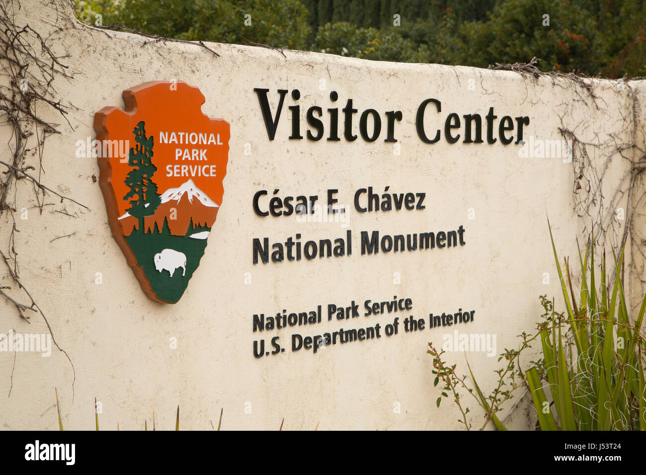 Eingang-Zeichen, Cesar Chavez National Monument, California Stockfoto