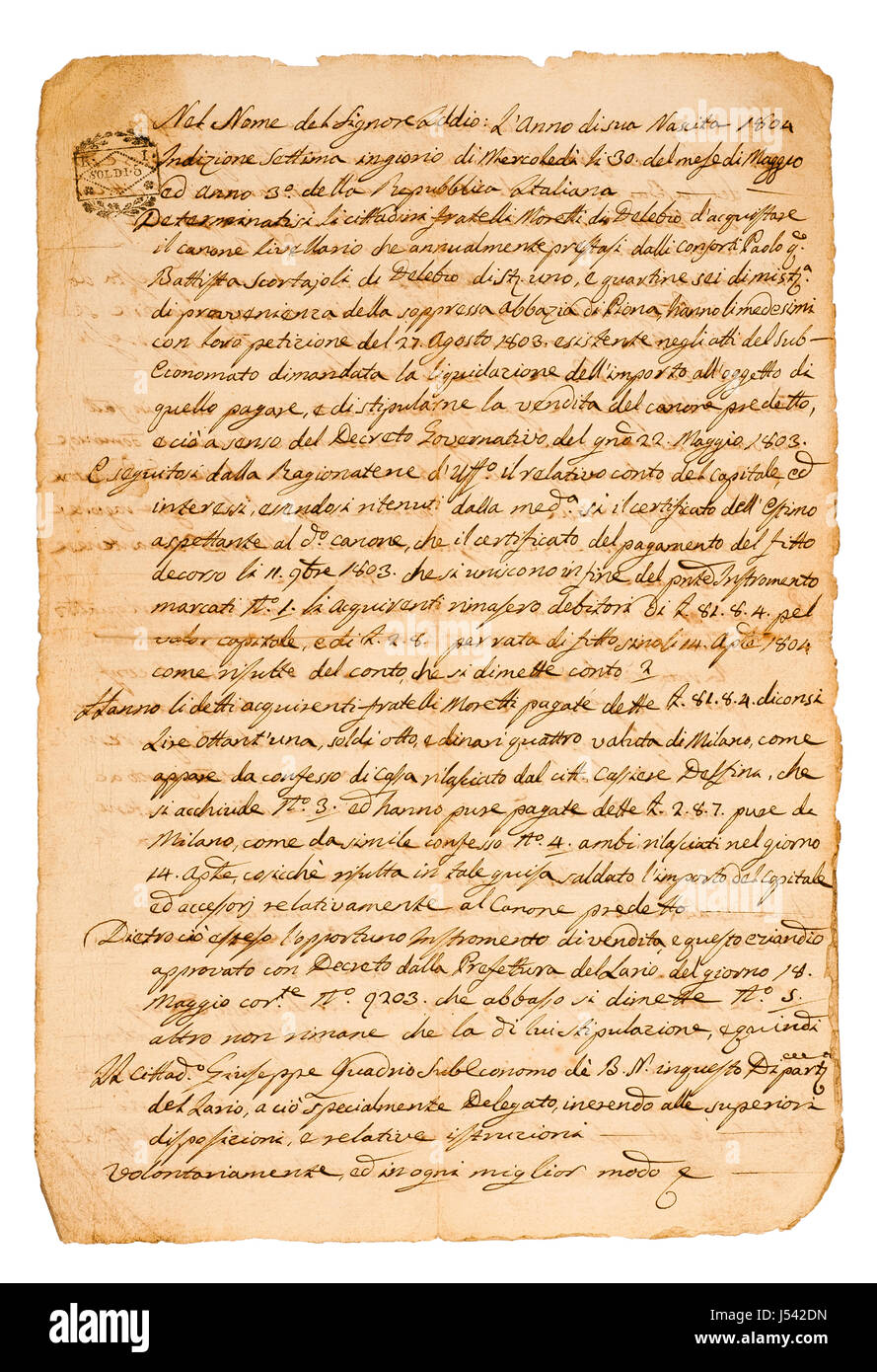 Alten Manuskript isoliert auf weiss Stockfoto