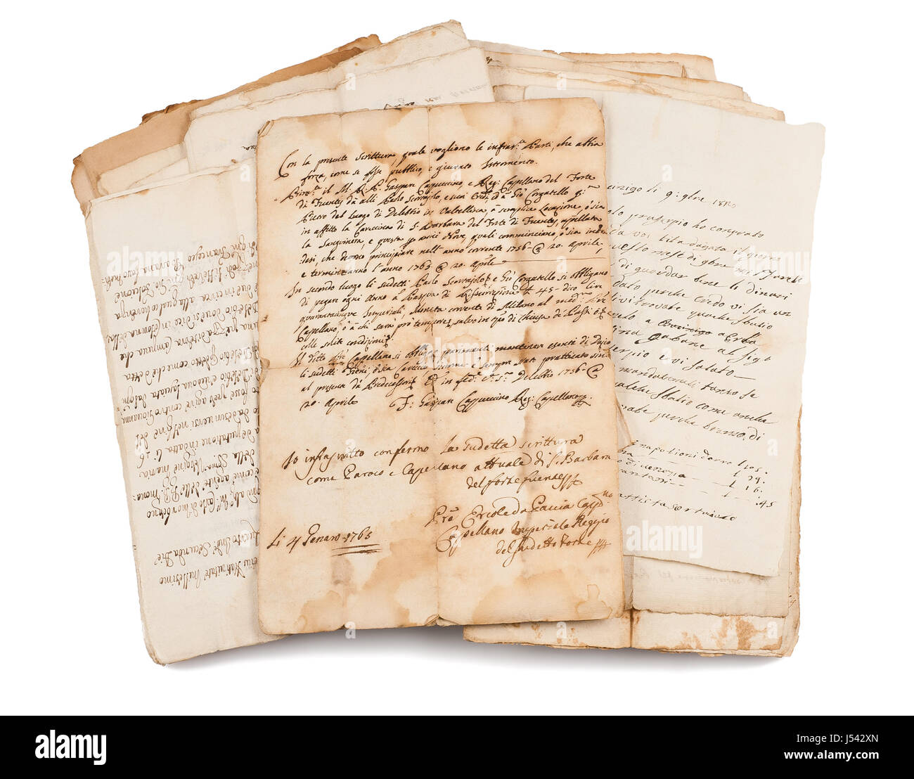 Alte Handschriften, isoliert auf weiss Stockfoto