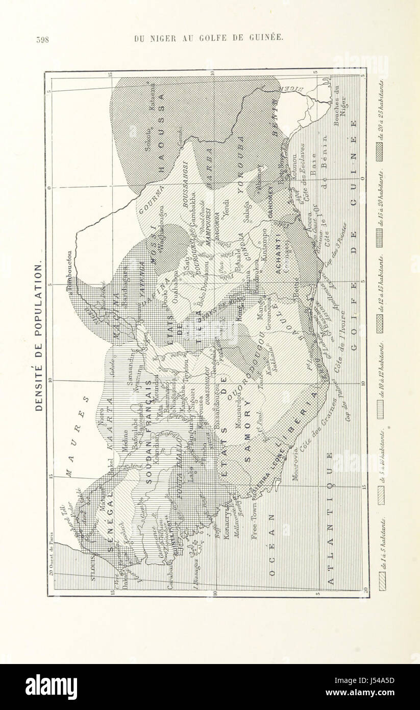 Dieses Bild aus dem Werk „du Niger au golfe de GuinÃ“, das zwischen 1887 und 1889 veröffentlicht wurde, bietet eine visuelle Aufzeichnung Westafrikas, darunter eine Karte und zahlreiche Holzstiche, die die Landschaften und Völker der regionâ darstellen. Stockfoto
