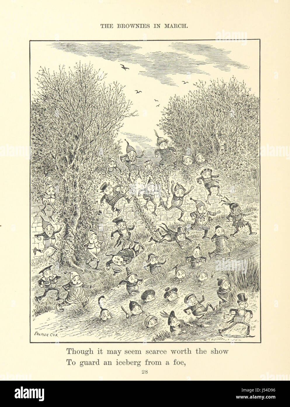 „The Brownies at Home“ ist eine klassische Illustration einer Gruppe verspielter, fiktiver Charaktere namens The Brownies, die in verschiedenen Werken der Literatur und Kunst zu sehen sind. Das Bild zeigt die Brownies in einer häuslichen Umgebung und spiegelt die skurrile und fantasievolle Natur dieser Charaktere wider. Stockfoto