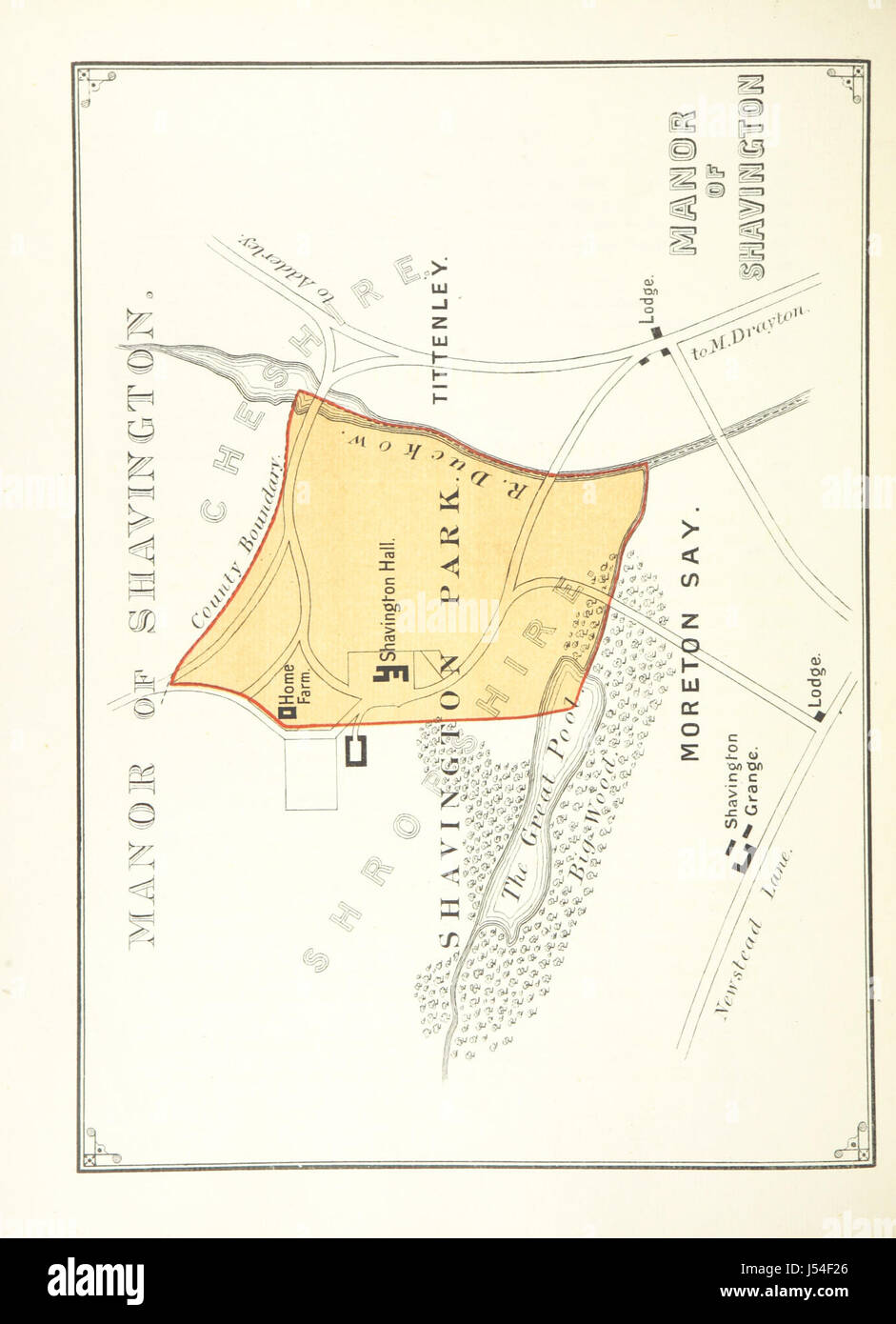Ein Bild von Seite 46 von *The History of Shavington, in the County of Salop* gibt Einblicke in die ländliche Geschichte und die architektonischen Entwicklungen von Shavington und hebt das lokale Erbe und die Entwicklung der Gemeinde hervor. Stockfoto