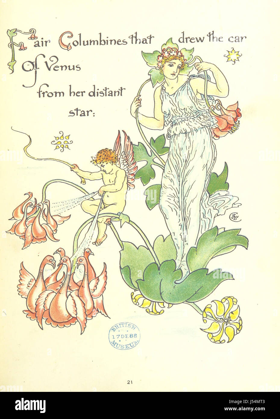 „Floraâ™s Feast“ von Walter Crane ist ein wunderschön illustriertes Buch, das Blumen feiert. Durch poetische Verse und komplizierte Illustrationen erforscht Crane in diesem künstlerischen Werk den Symbolismus und die Schönheit verschiedener Blumen. Sie ist ein bedeutender Beitrag zur botanischen Literatur und Kunst aus dem späten 19. Jahrhundert. Stockfoto