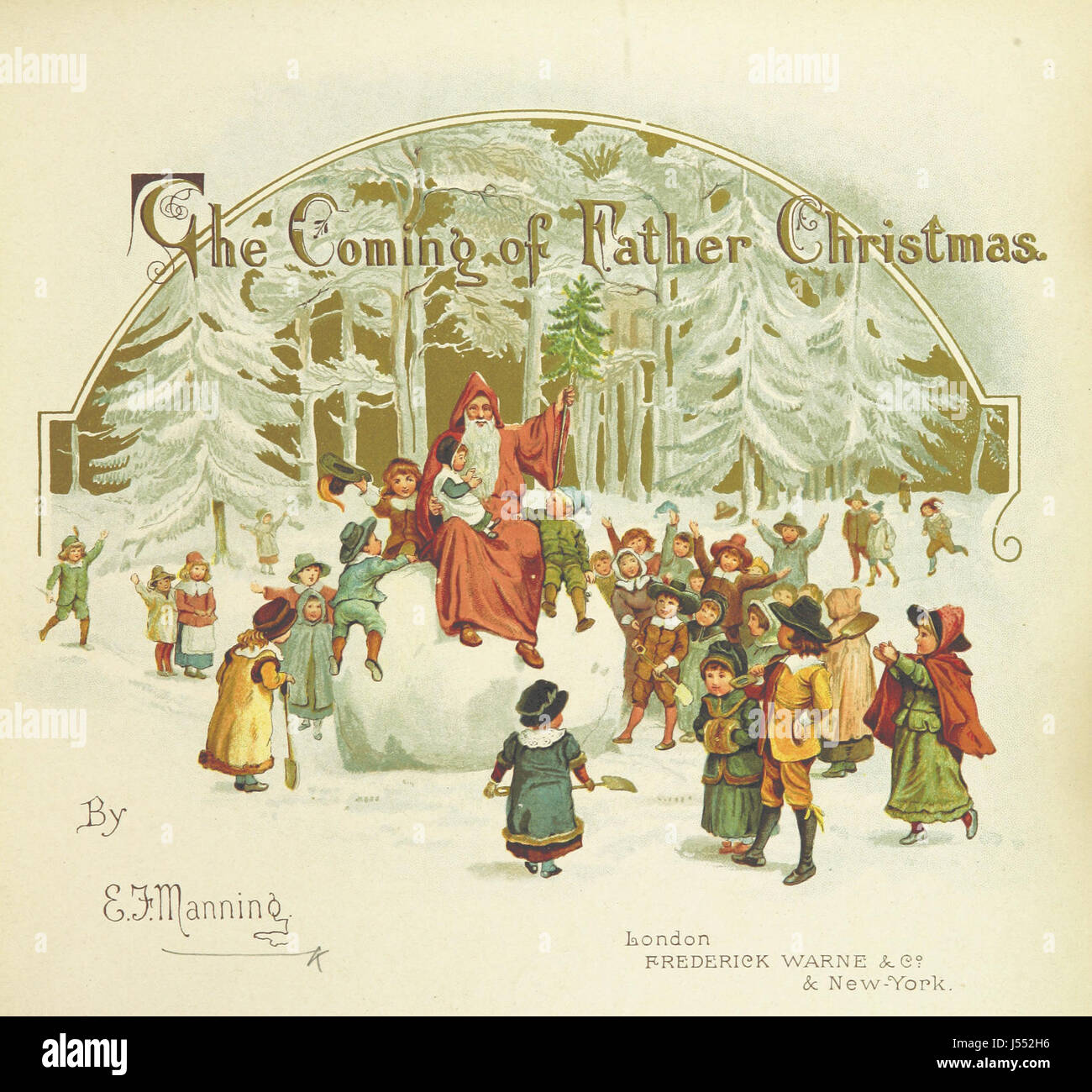 Das Bild auf Seite 7 von „das Kommen des Vaterweihnachts“, ein Werk, das Verse und Illustration verbindet, zeigt die Ankunft des Vaterweihnachts und fängt den festlichen Geist und die Feiertagsstimmung ein. Stockfoto