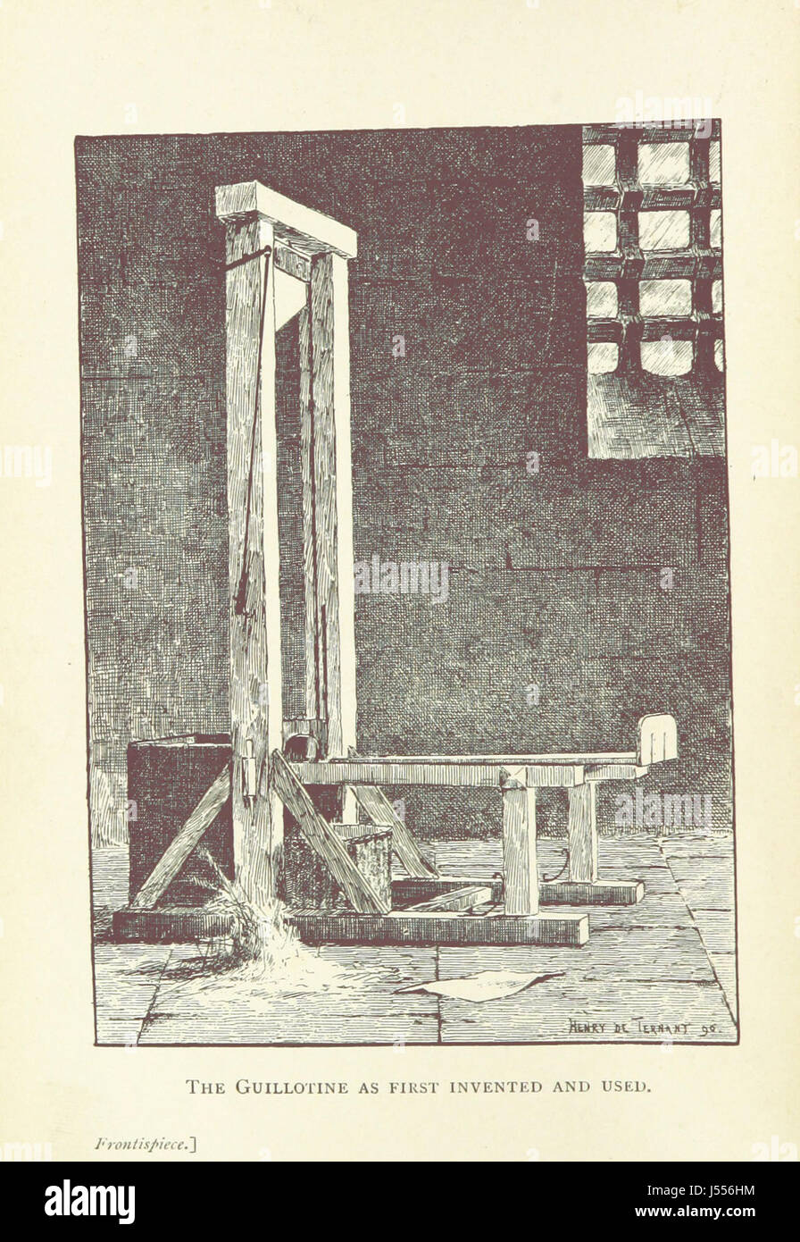 Dieses Bild, das auf Seite 8 des Werkes „Guillotine die große und ihre Nachfolger“ aufgenommen wurde, untersucht die Rolle der Guillotine in der Französischen Revolution und ihr Vermächtnis in der französischen Gesellschaft. Das Werk befasst sich mit dem Symbolismus und der Wirkung der Guillotine und konzentriert sich auf ihre Verwendung im revolutionären und postrevolutionären Frankreich. Stockfoto