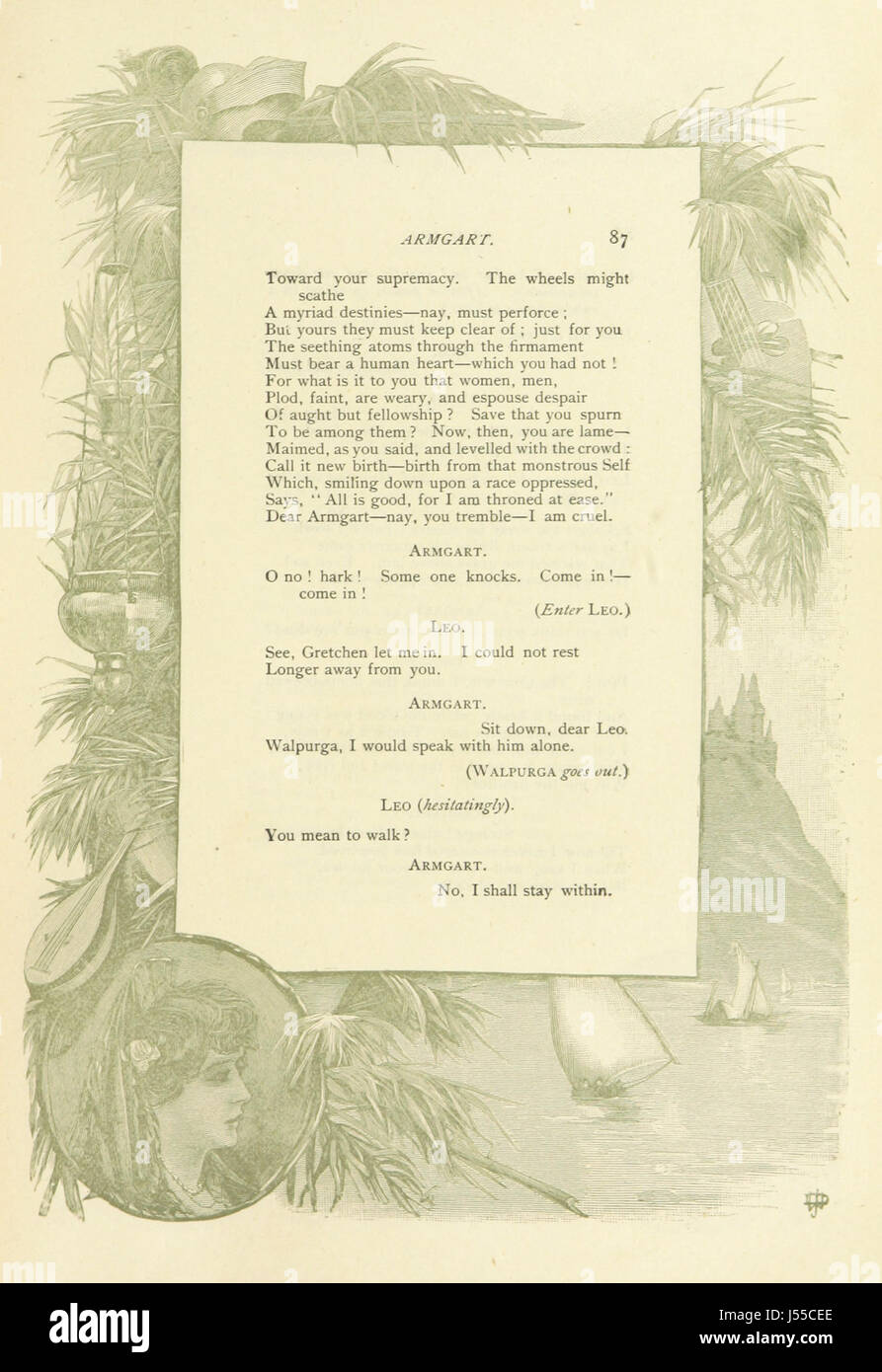 Die vollständigen poetischen Werke von George Eliot. Familienausgabe. Vollständig illustriert mit neuen Holzstichen. With Border by J. D. Woodward ist eine umfassende Sammlung von Lyrik von Mary Ann Evans, bekannt unter ihrem Pseudonym George Eliot, veröffentlicht in einer familienfreundlichen Ausgabe. Dieser Band zeigt neue Holzstiche und dekorative Borten, die von J. D. Woodward entworfen wurden und die visuelle Attraktivität von Eliots literarischen Werken verstärken. Stockfoto