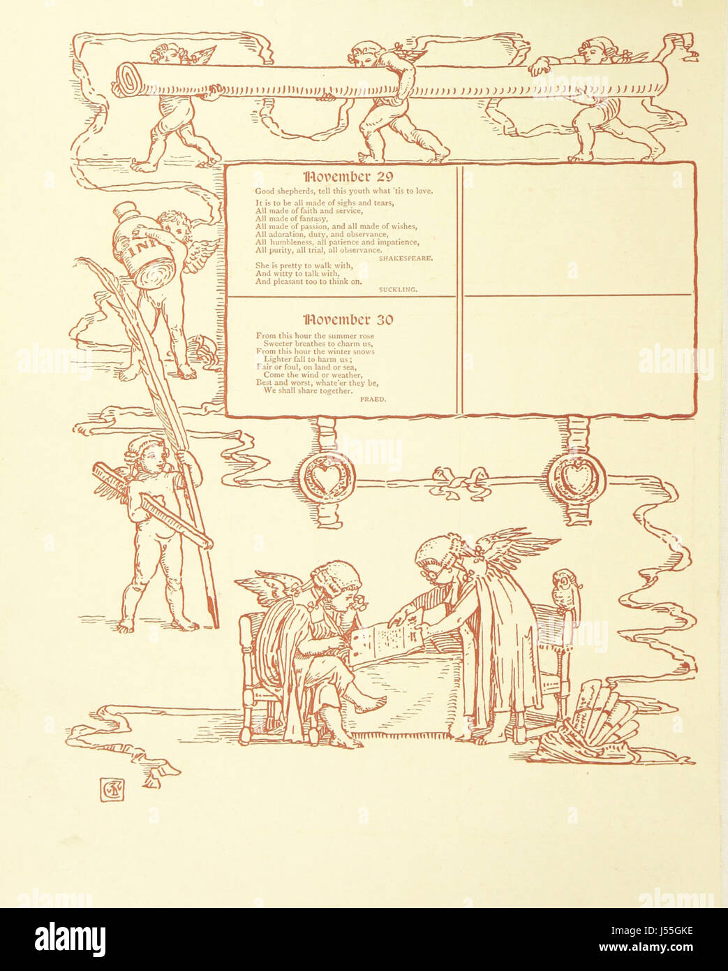 „The Book of Wedding Days“ ist eine Zusammenstellung hochzeitbezogener Zitate für jeden Tag des Jahres, zusammengestellt von K. E. J. Reid, May Ross und Mabel Bamfield. Es enthält dekorative Elemente, die von W. Crane entworfen wurden. Stockfoto