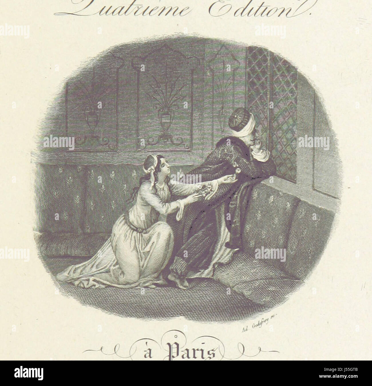 [Œuvres Thesen de Lord Byron, Traduites de l ' Anglais Par MM. A.-P. et E.-D. S. [d. h. Amédée Pichot und Eusèbe de Salle]; Troisième Édition Entièrement Revue et Corrigée. (Essai Sur le Génie et le Caractère de Lord Byron, par A. P... t [d. h. A. Pichot]; Précédé d ' une Préliminaire bemerken, par M. Charles Nodier. Extraits De La Quatrième Édition des Œuvres Thesen de Lord Byron-sechs Bände in-8˚, Ornés de Vignetten. [Mit einem Essay "Sur la Mort de Lord Byron" und eine Übersetzung von seinem "Himmel und Erde."]) [Mit einem Porträt.]] Stockfoto