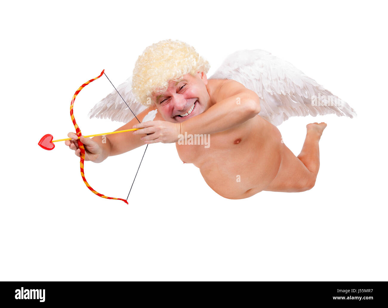 Lustige Engel mit Pfeil fliegen isoliert auf weißem Hintergrund Stockfoto