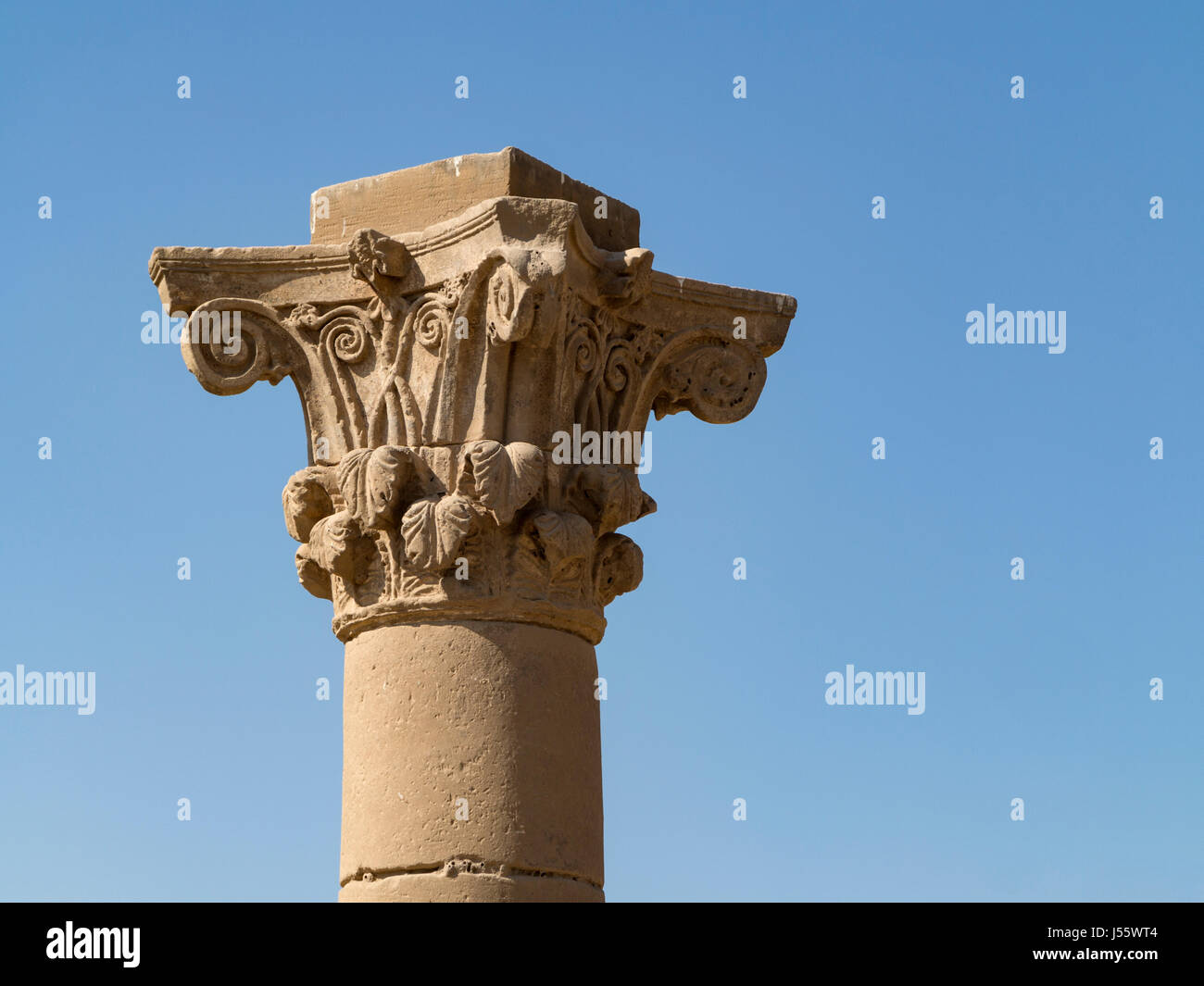 Hauptstädte im äußeren Hof Denderah Tempels, in der Nähe von Qena, Ägypten Stockfoto