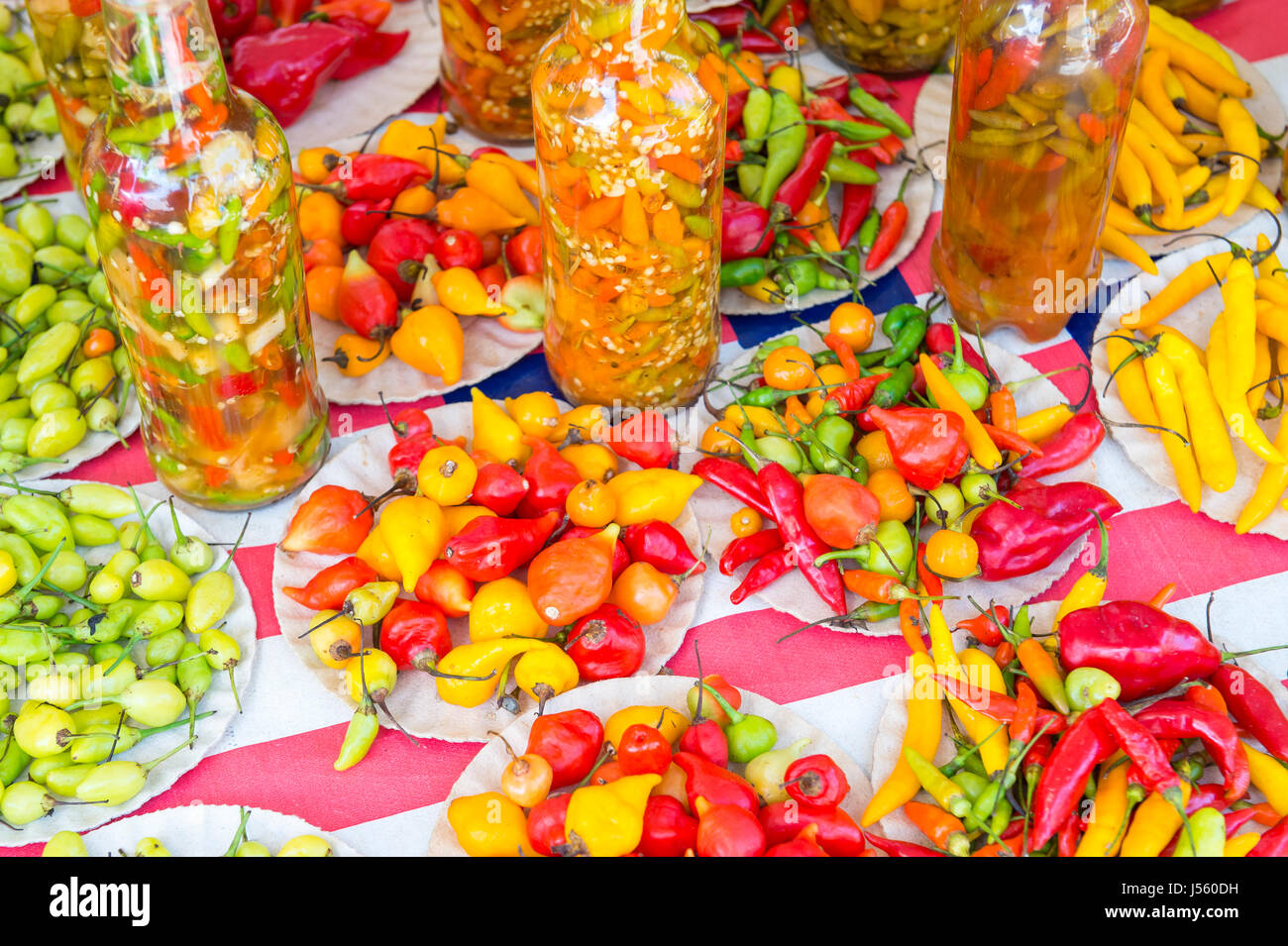 Bunten Chilischoten auf dem Display auf dem Markt in Rio De Janeiro, Brasilien Stockfoto