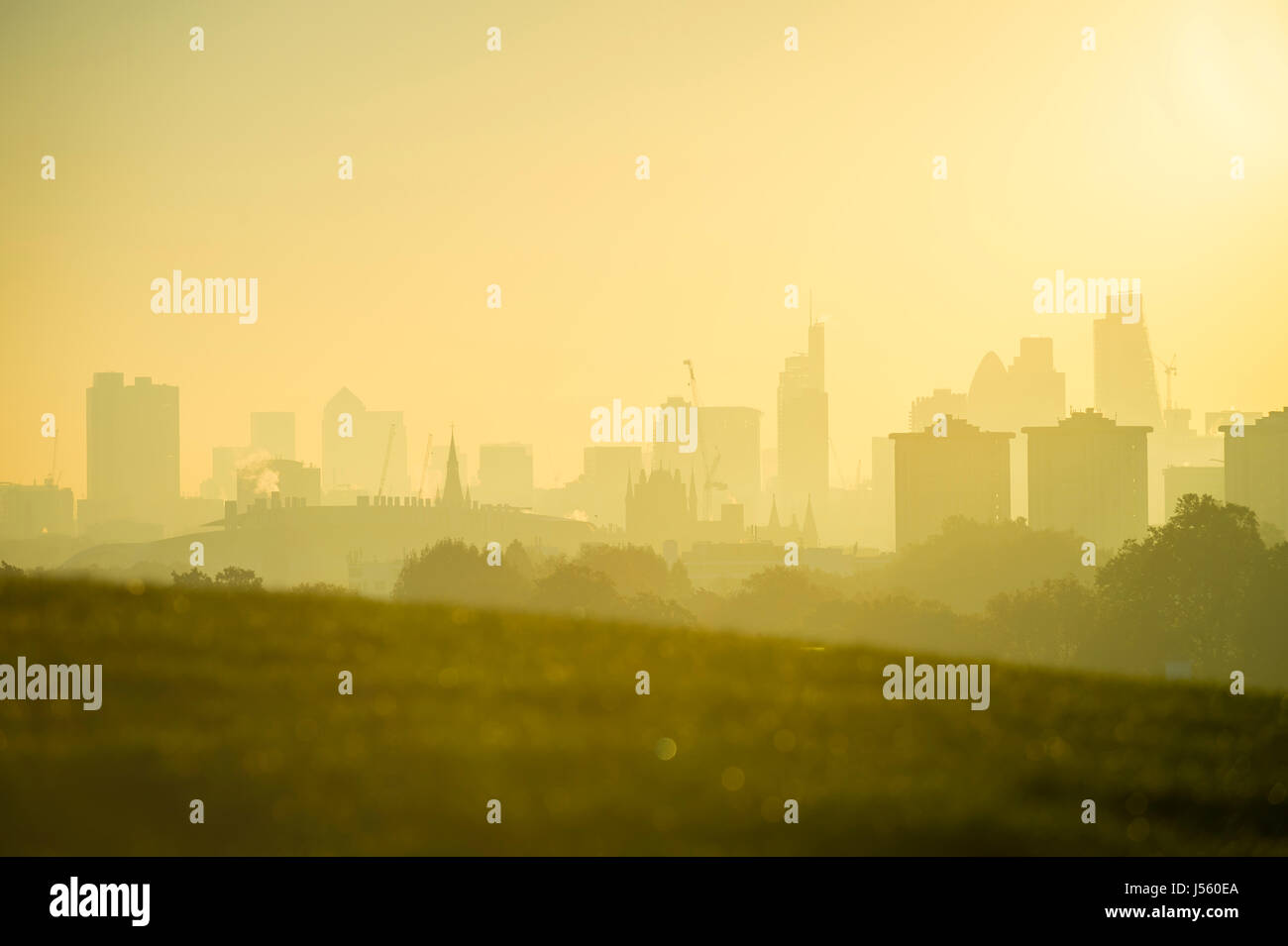 Golden Sunrise Skyline von London, England mit modernen Wolkenkratzern, spähen über dem nebligen Parklandschaft Bäume Stockfoto