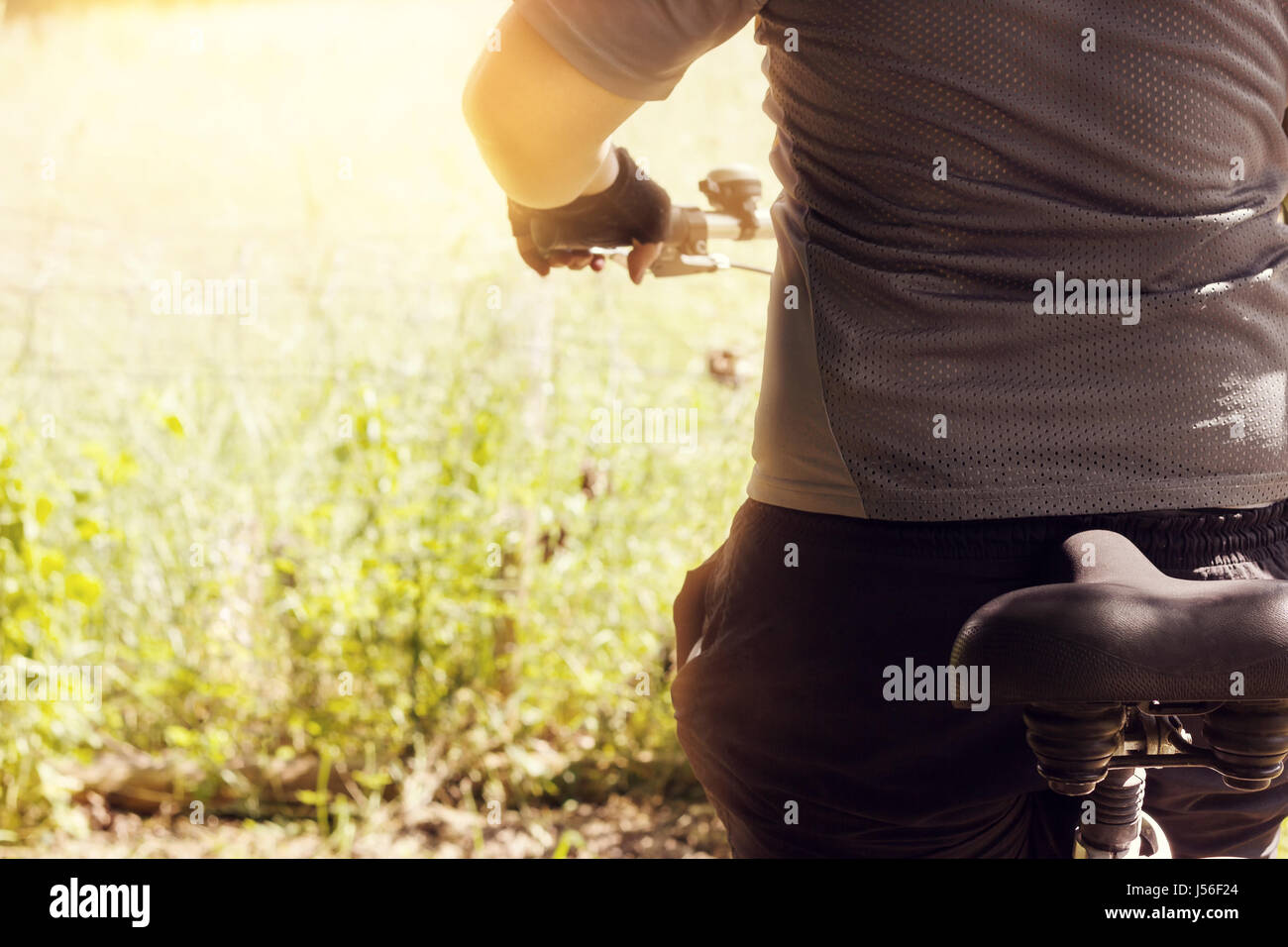 Rückseite der Radfahrer, die in der Abendsonne auf die grüne Natur ruht Stockfoto