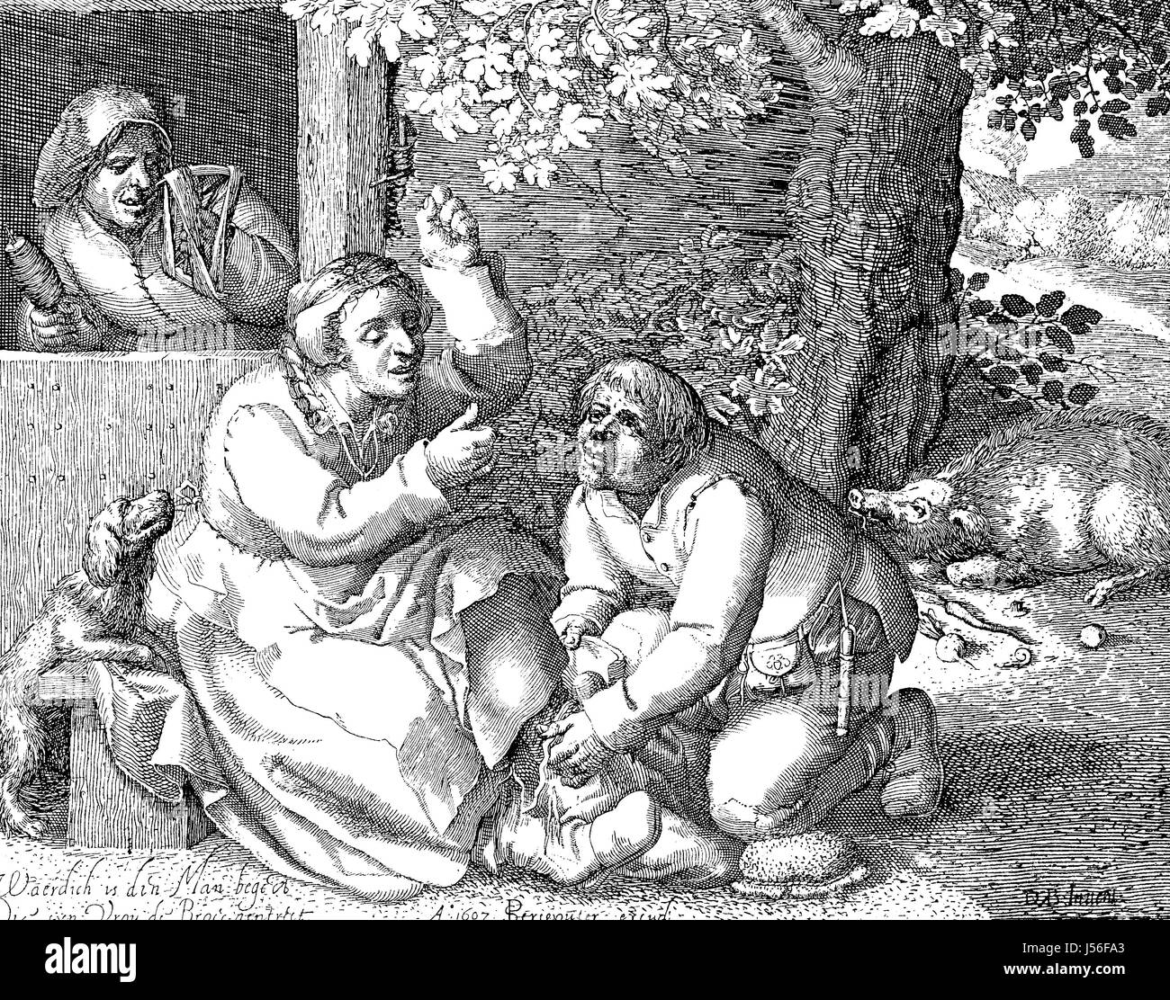 Die Herrschaft der Frau schlug Den Mann, Mann der Seiner Frau sterben Bruch Anzieht, 1607 Stockfoto