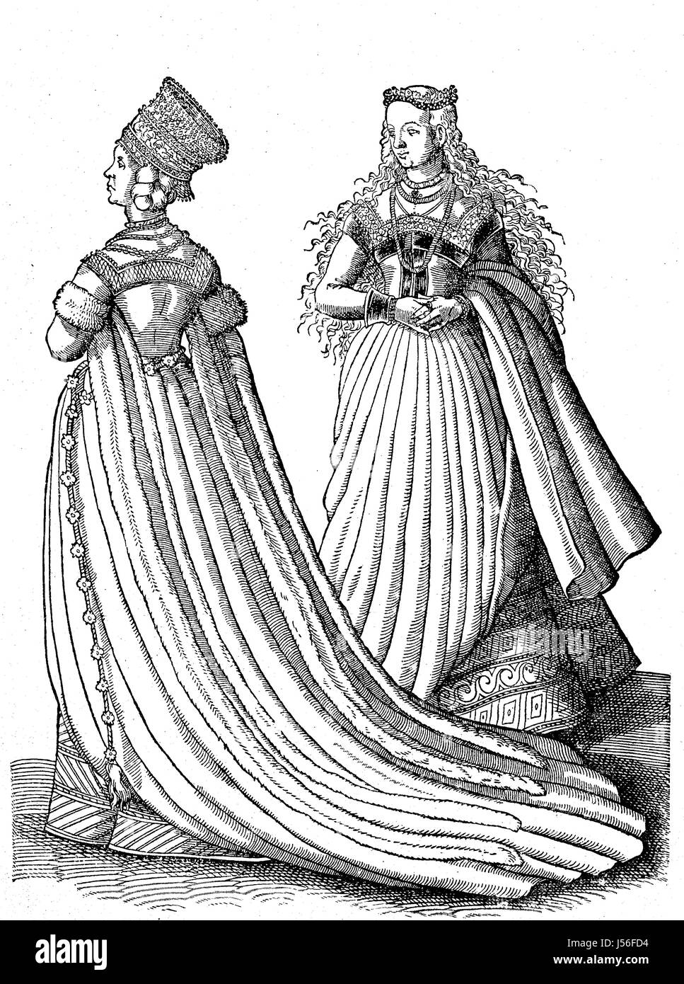 Braut im Hochzeitskleid in Nürnberg im 16. Jahrhundert, Kostüm-Bild, verbesserte digitale Reproduktion aus einer Publikation des Jahres 1880 Stockfoto