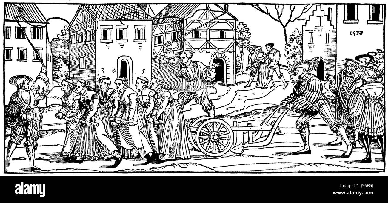 Benutzerdefinierte Karneval. Das Pflügen der jungen Frauen, die geblieben waren, setzte im vergangenen Jahr 1532, verbesserte digitale Reproduktion aus einer Publikation des Jahres 1880 Stockfoto