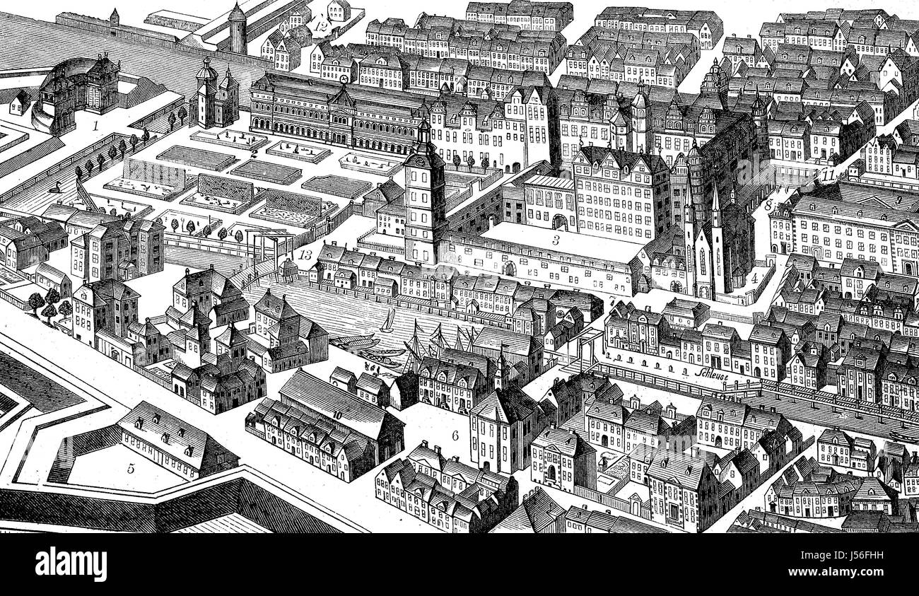 Berlin, Deutschland, im Jahre 1688, Berlin Im Jahre 1688 Mit Orangerie, Lustgarten, Residenzschloss, Dom, Zeughaus, Friedrich-Werder Kirche Und Rathaus, Schlossmuehle, bestand, Kurfuerstlicher Stall, Pferdestall, Lange Bruecke, Heilig-Geist-Kirche Und Hundebruecke, digitale verbesserte Wiedergabe aus einer Publikation des Jahres 1880 Stockfoto