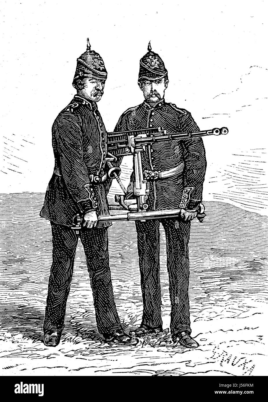 Gardner Waffe war eine frühe Art des mechanischen Maschinengewehr, verwendet durch die englischen Truppen in Sudan, sterben Tragbare Gardner Kugelspritze, Angewendet von Englischen Truppen Bei Den Gefechten Im Sudan, digital verbesserte Wiedergabe aus einer Publikation des Jahres 1880 Stockfoto