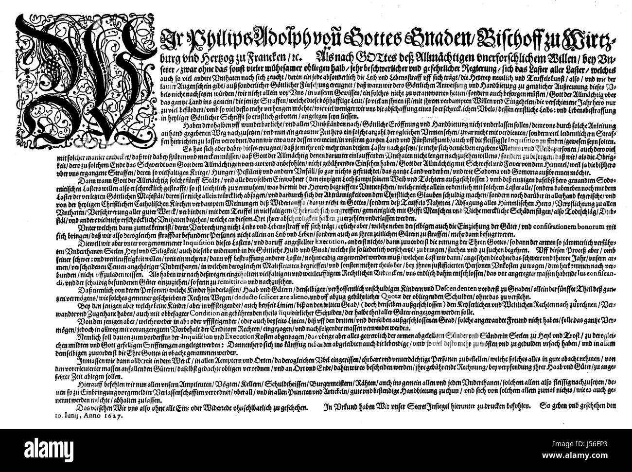 ein Hexen-Mandat verliehen von Bischof Philipp Adolf von Würzburg, Hexenmandat von Philipp Adolf, Bischof von Wuerzburg, 1627, Digital verbessert Reproduktion aus einer Publikation des Jahres 1880 Stockfoto