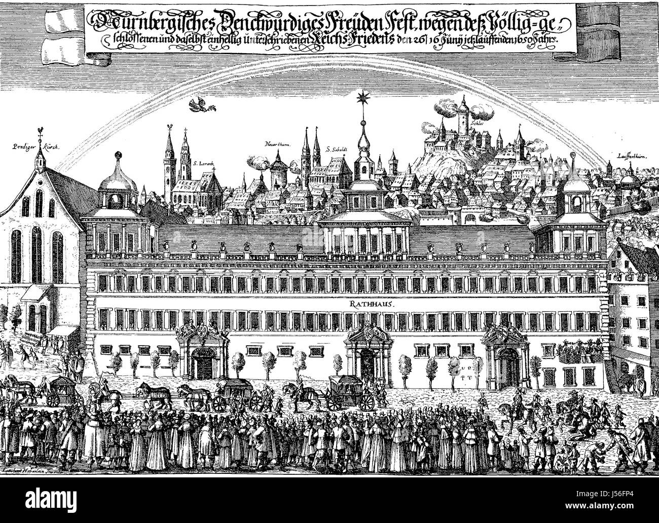 Das Nürnberger Peace Festival im Jahr 1650, nach dem Dreißigjährigen Krieg und der Frieden von Westfalen. Nürnberger Friedensfest, 1650. Der Nürnberger Exekutionstag Oder Friedensexekutionskongress Diente der Klaerung von Fragen, Die Bei der Beendigung des Dreissigjaehrigen Krieges Durch Den Westfaelischen Frieden Offengeblieben Waren, digitale verbesserte Wiedergabe aus einer Publikation des Jahres 1880 Stockfoto