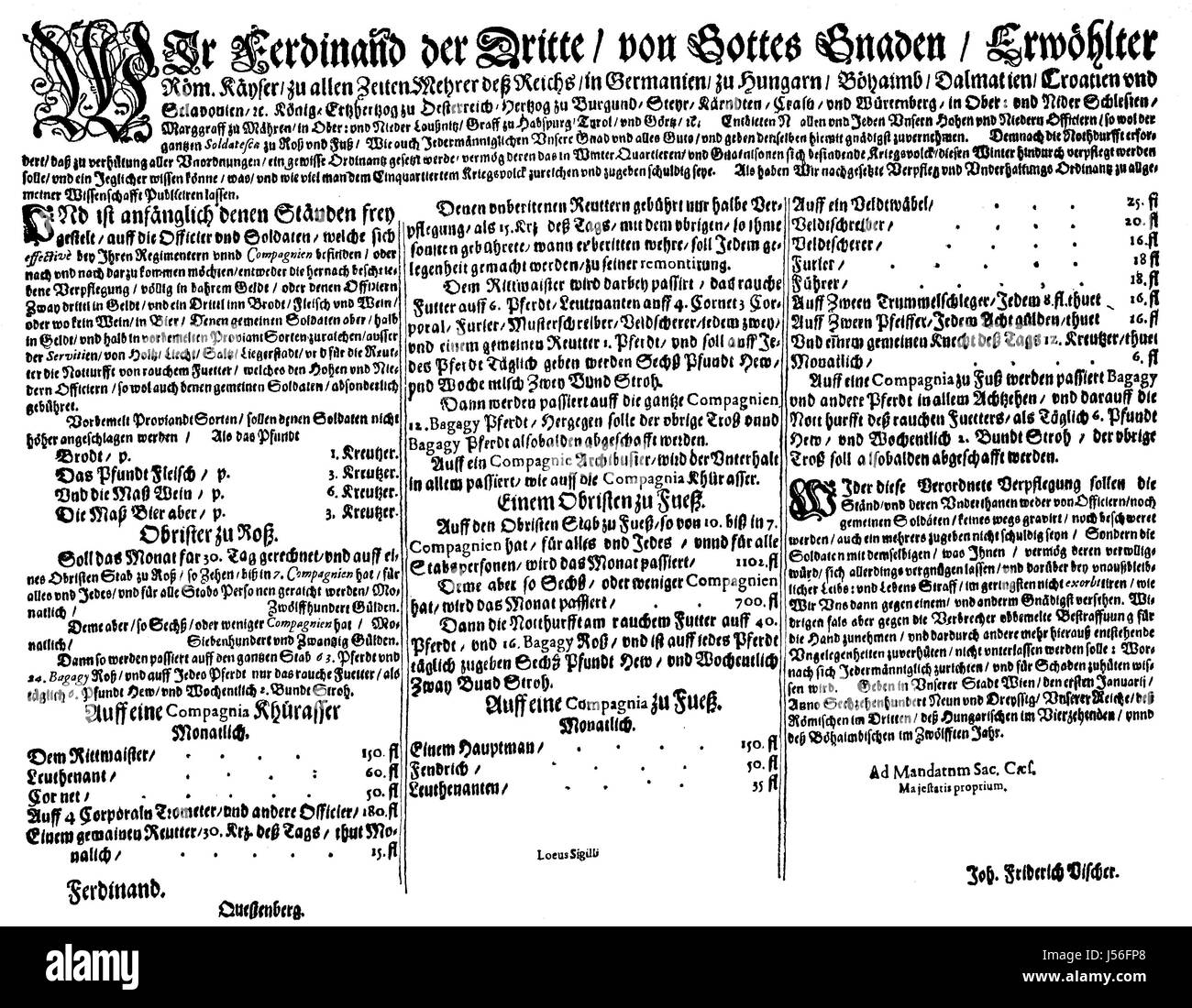 Imperiale Diät Verordnung von 1639, Ferdinand III. Im siebzehnten und achtzehnten Jahrhundert wurde die Reihenfolge der Diät eine Liste mit den Sold der Soldaten, digital verbesserte Wiedergabe aus einer Publikation des Jahres 1880 Stockfoto