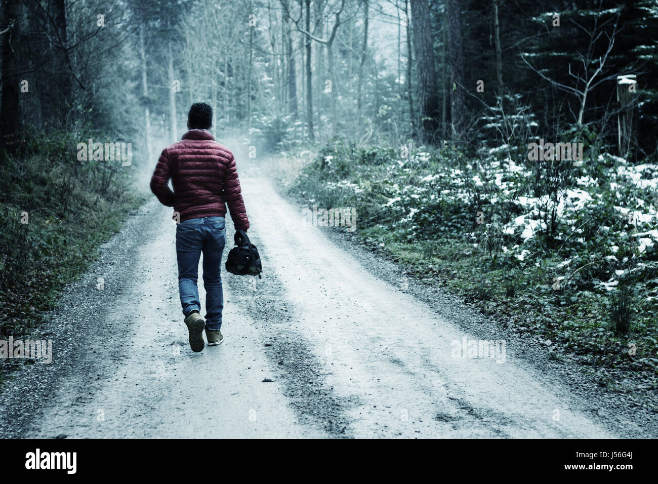 einziger Mann zu Fuß durch eine Waldlandschaft in einem Land-Wanderweg Stockfoto