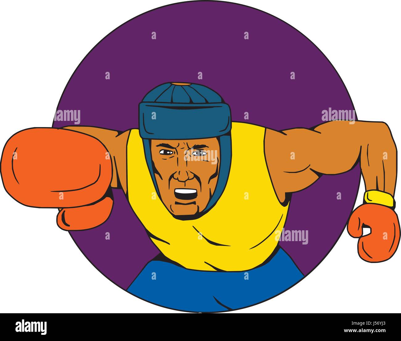 Zeichnung Skizze Stil Illustration ein Amateur-Boxer tragen Kopfbedeckungen Stanzen von vorderen Satz im inneren Kreis betrachtet. Stock Vektor