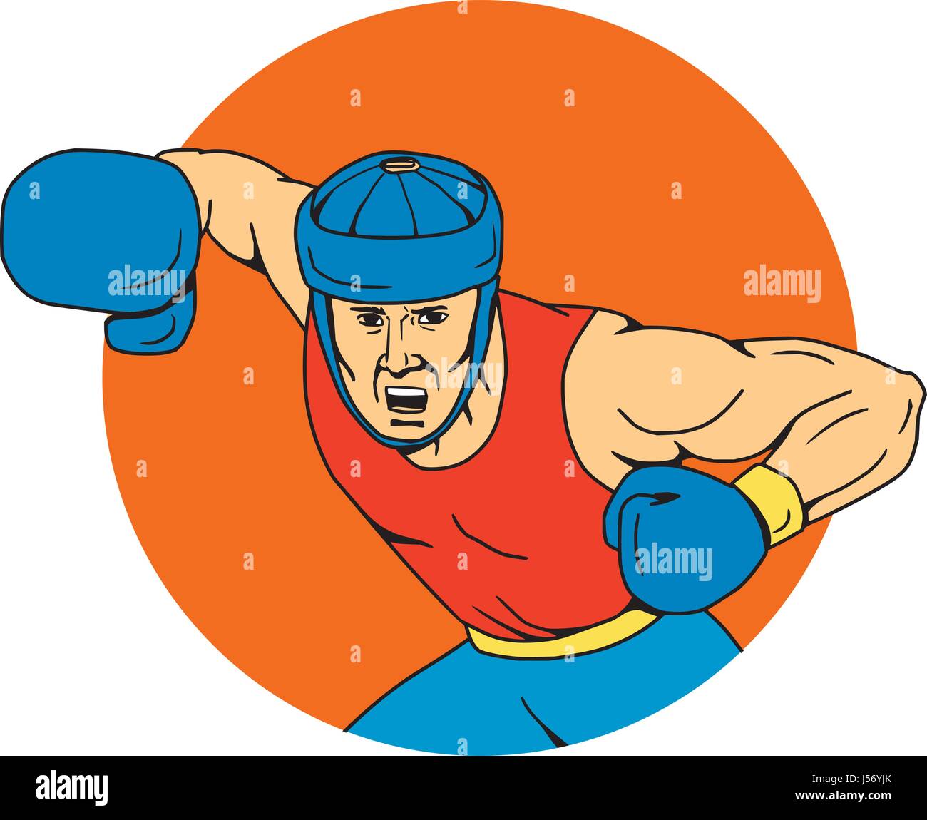 Zeichnung Skizze Stil Illustration ein Amateur-Boxer tragen Kopfbedeckungen schlagen eine obenliegende Schlag betrachtet von vorne im inneren Kreis. Stock Vektor