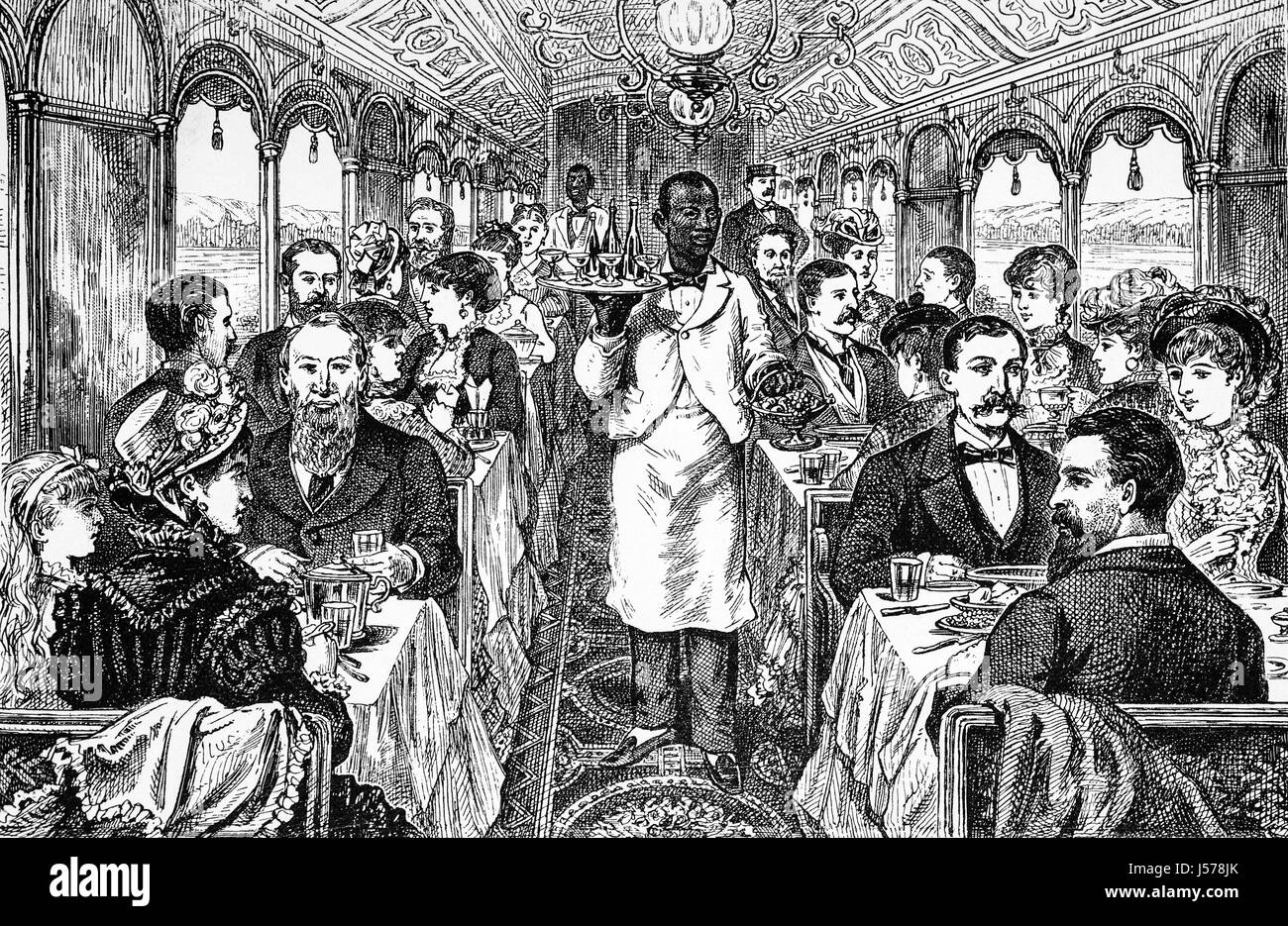 1879: Passagiere, die Speisen in einem Pullman Salon Waggon auf der Pennsylvania Railroad, New York City, Baltimore, New York Staat, Vereinigte Staaten von Amerika Stockfoto