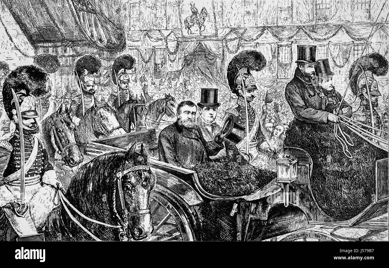 1879: General Ulysses S. Grant, Ex-Präsident, Ankunft in der Stadt von Philadelphia für die Grand Parade, Pennsylvania, Vereinigte Staaten von Amerika. Stockfoto