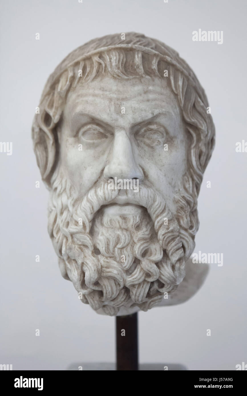 Marmorbüste von antiken griechischen Tragedian Sophokles (497-406 v. Chr.). Römische Kopie aus dem 1. Jahrhundert n. Chr. nach einem griechischen Original aus dem 4. Jahrhundert v. Chr. (Farnese-Typ) aus der Sammlung Farnese im Archäologischen Nationalmuseum in Neapel, Kampanien, Italien. Stockfoto