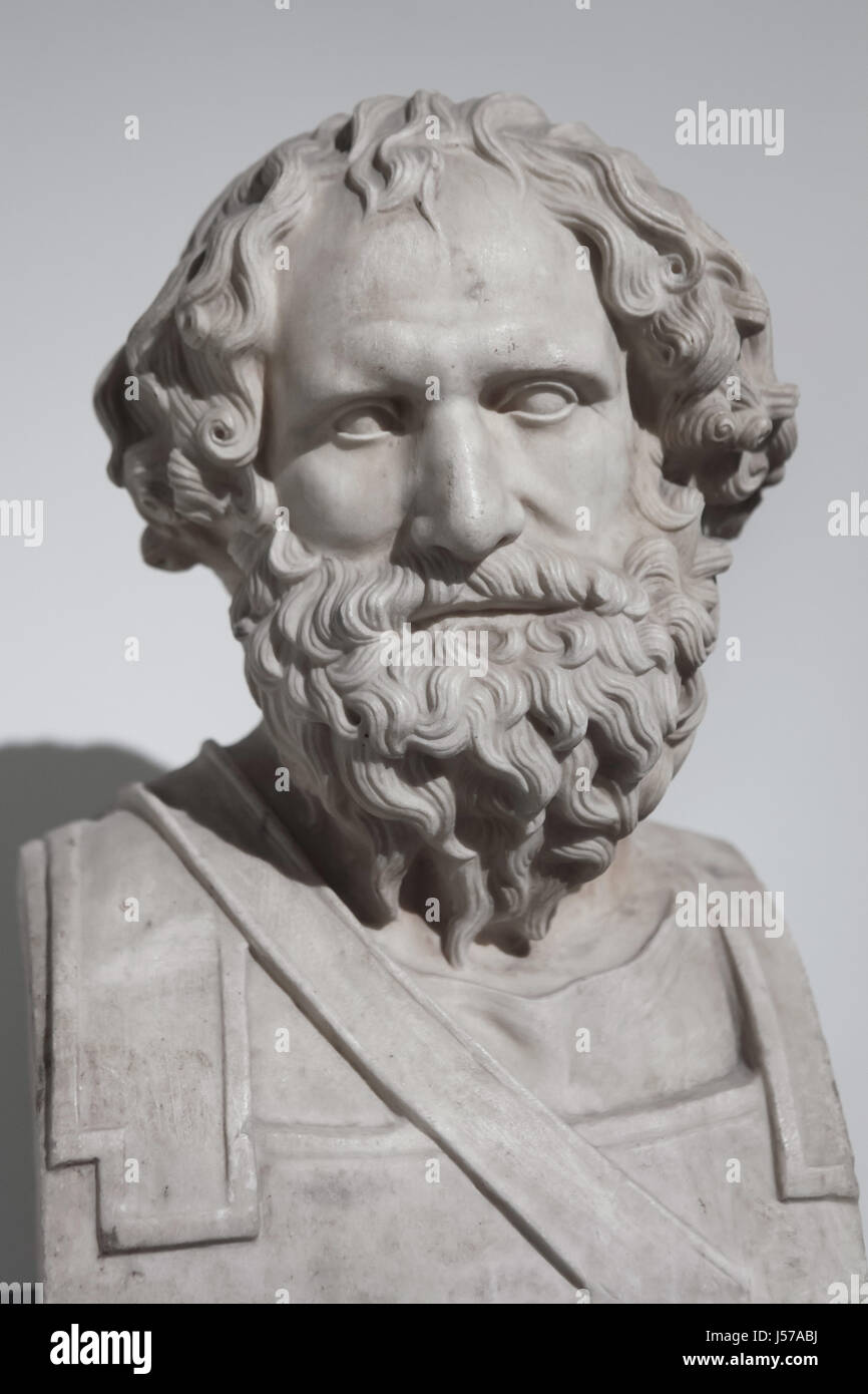 Marmorbüste von König Archidamus III. von Sparta (Regierungszeit 360-338 v. Chr.). Römische Kopie aus dem 1. Jahrhundert n. Chr. nach einem griechischen original in der rechteckige Säulenhalle in der Villa dei Papiri (Villa der Papyri) in Herculaneum gefunden auf dem Display im Archäologischen Nationalmuseum in Neapel, Kampanien, Italien. Stockfoto