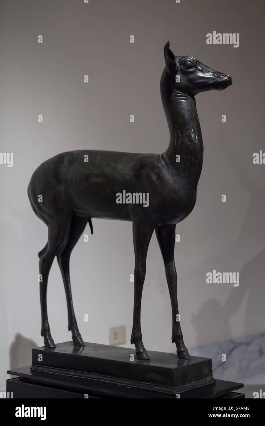 Römische Bronze-Statue von Kitz (junges Reh) aus dem 1. Jahrhundert n. Chr. fand in der rechteckige Säulenhalle in der Villa dei Papiri (Villa der Papyri) in Herculaneum auf dem Display im Archäologischen Nationalmuseum in Neapel, Kampanien, Italien. Stockfoto
