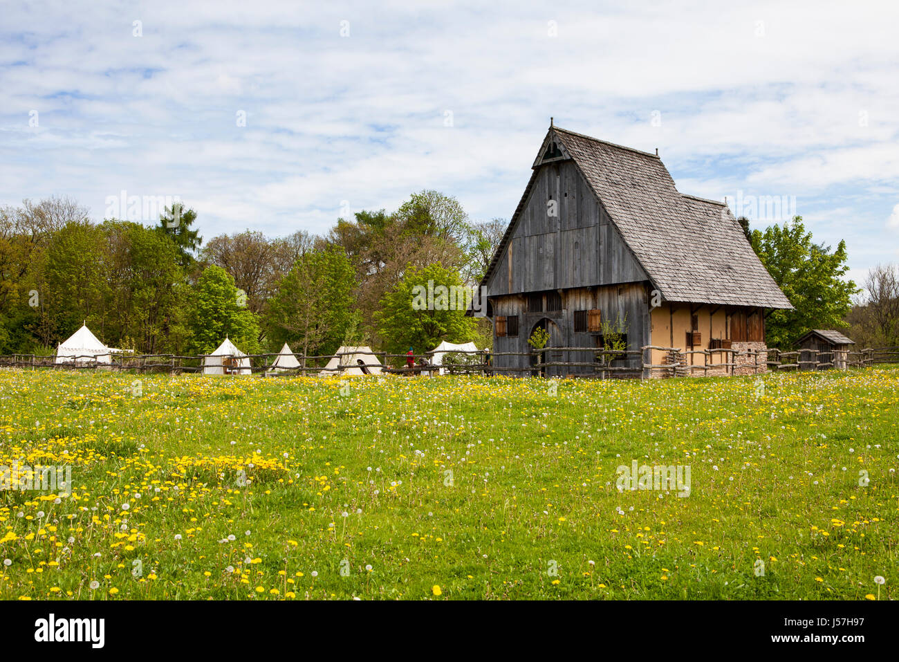 Die rekonstruierten mittelalterlichen Haus, Nienovers, Bodenfelde, Niedersachsen, Deutschland Stockfoto
