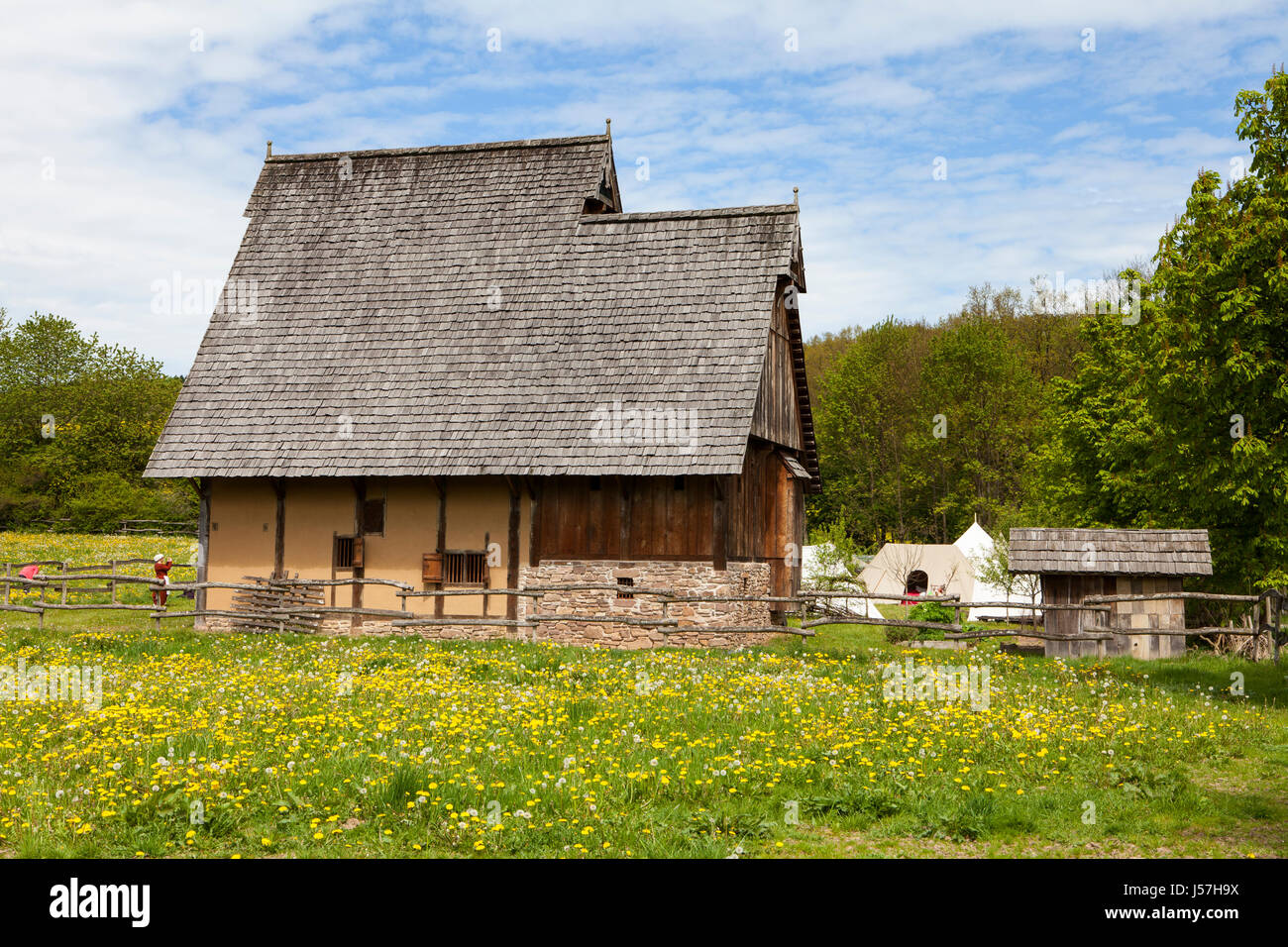 Die rekonstruierten mittelalterlichen Haus, Nienovers, Bodenfelde, Niedersachsen, Deutschland Stockfoto