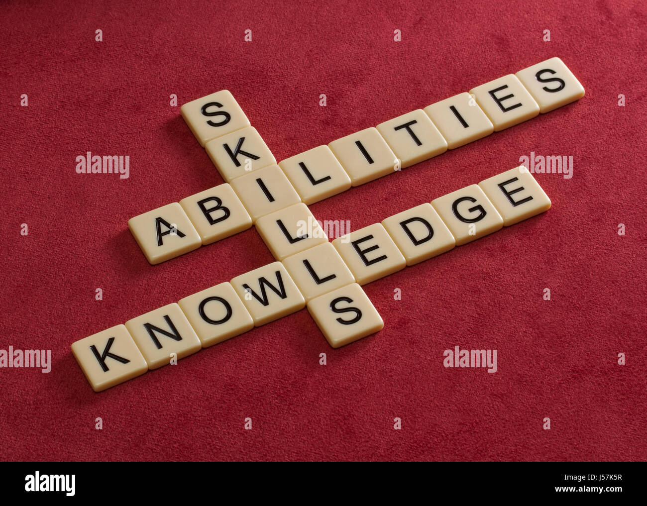 Kreuzworträtsel mit Worten Fertigkeiten, Fähigkeiten, wissen. Learning-Konzepts. Elfenbein Fliesen mit großen Buchstaben auf rotem Velours. Stockfoto