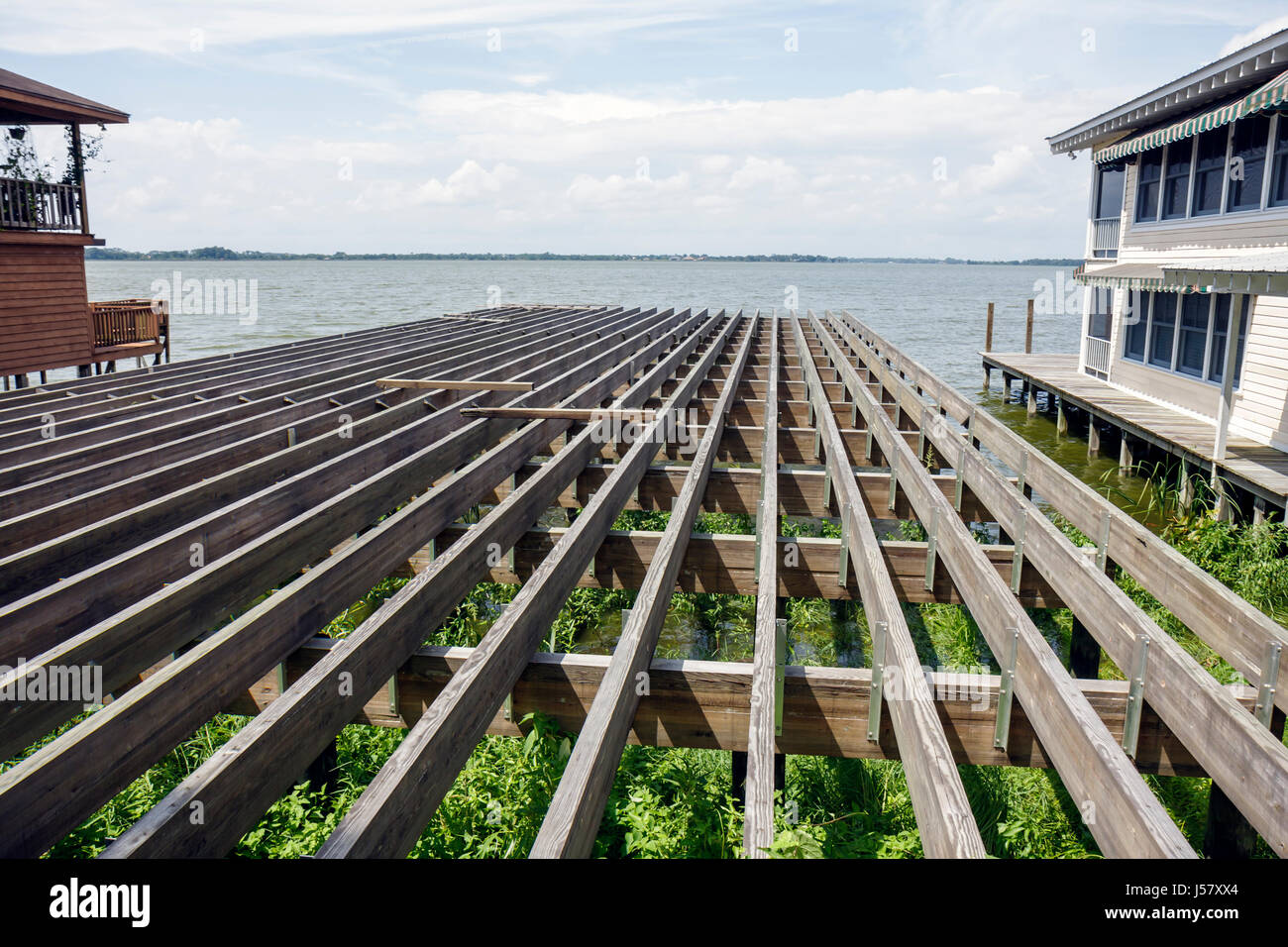 Florida Mt. Mount Dora, Lake Dora, Holzbalken, Pier Fundament, unter neue Baustelle Baumeister, Seeufer, am Wasser, Stelzenhaus Häuser Haus Stockfoto