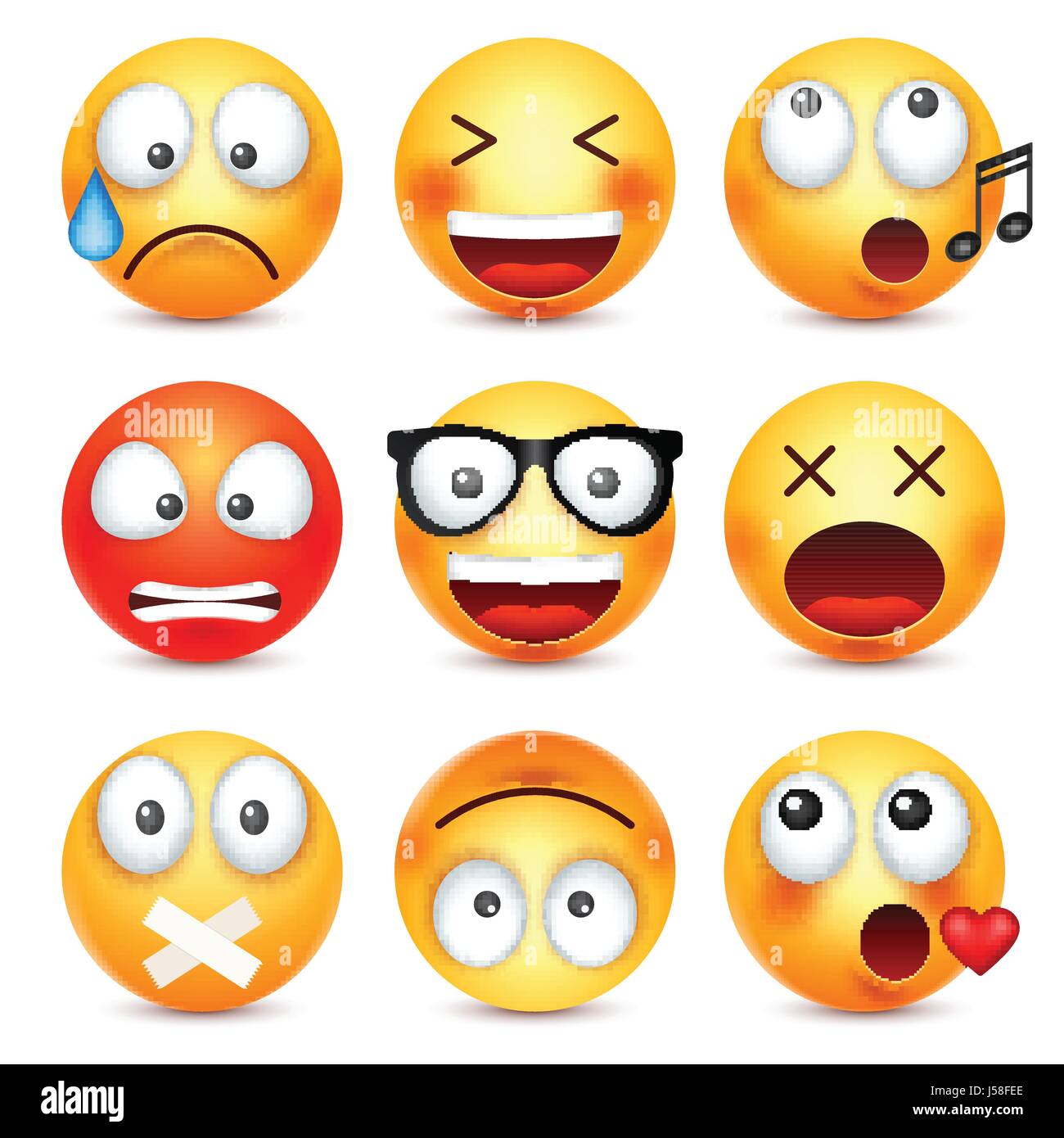 Smiley, Emoticon-Satz. Gelbes Gesicht mit Emotionen. Gesichtsausdruck. 3D realistisch Emoji. Traurig, glücklich, wütend Gesichter. Lustige Comic-Figur. Stimmung. Web-Symbol. Vektor-Illustration. Stock Vektor