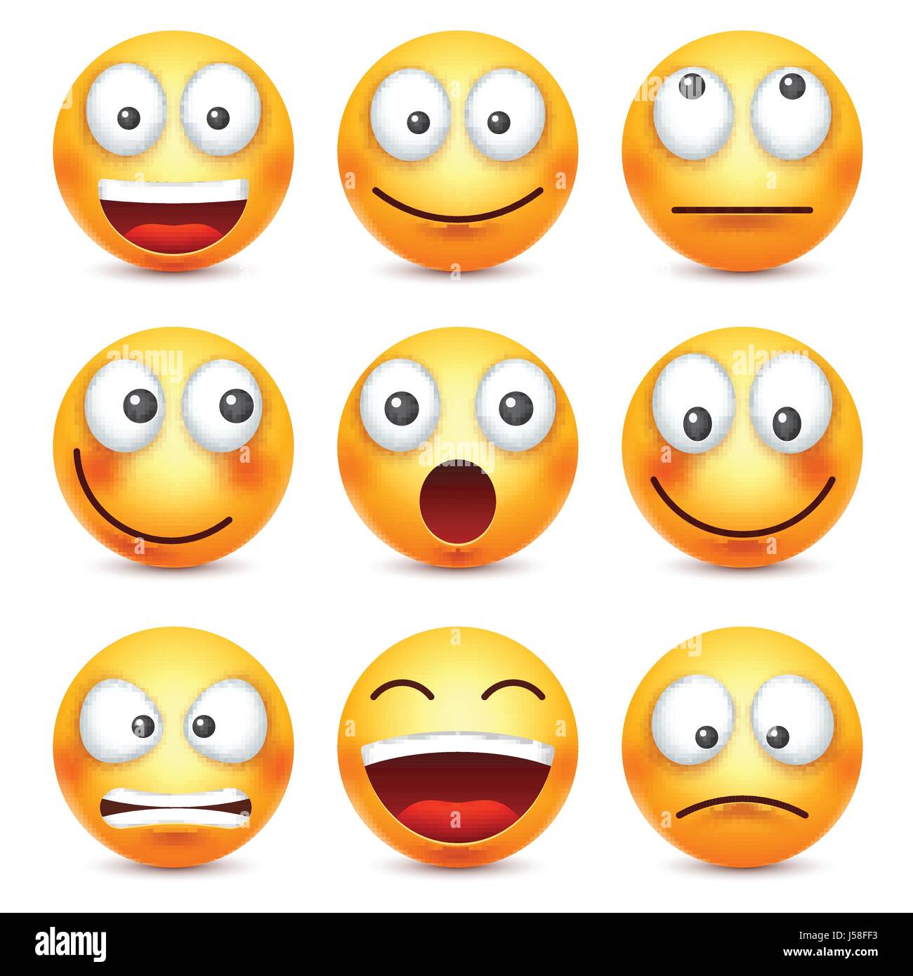 Smiley, Emoticon-Satz. Gelbes Gesicht mit Emotionen. Gesichtsausdruck. 3D realistisch Emoji. Traurig, glücklich, wütend Gesichter. Lustige Comic-Figur. Stimmung. Web-Symbol. Vektor-Illustration. Stock Vektor
