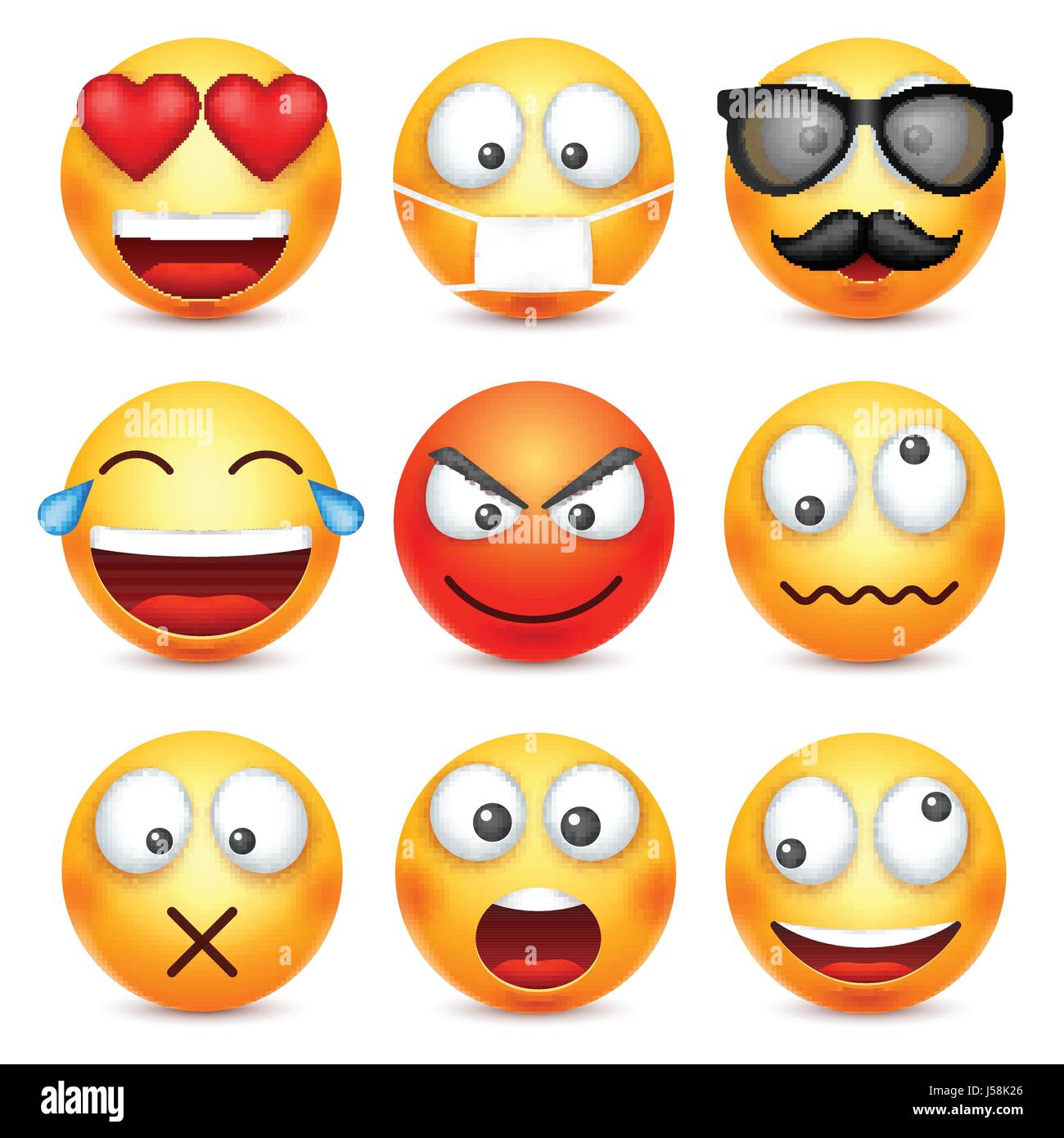 Smiley, Emoticon-Satz. Gelbes Gesicht mit Emotionen. Gesichtsausdruck. 3D realistisch Emoji. Traurig, glücklich, wütend Gesichter. Lustige Comic-Figur. Stimmung. Web-Symbol. Vektor-Illustration. Stock Vektor