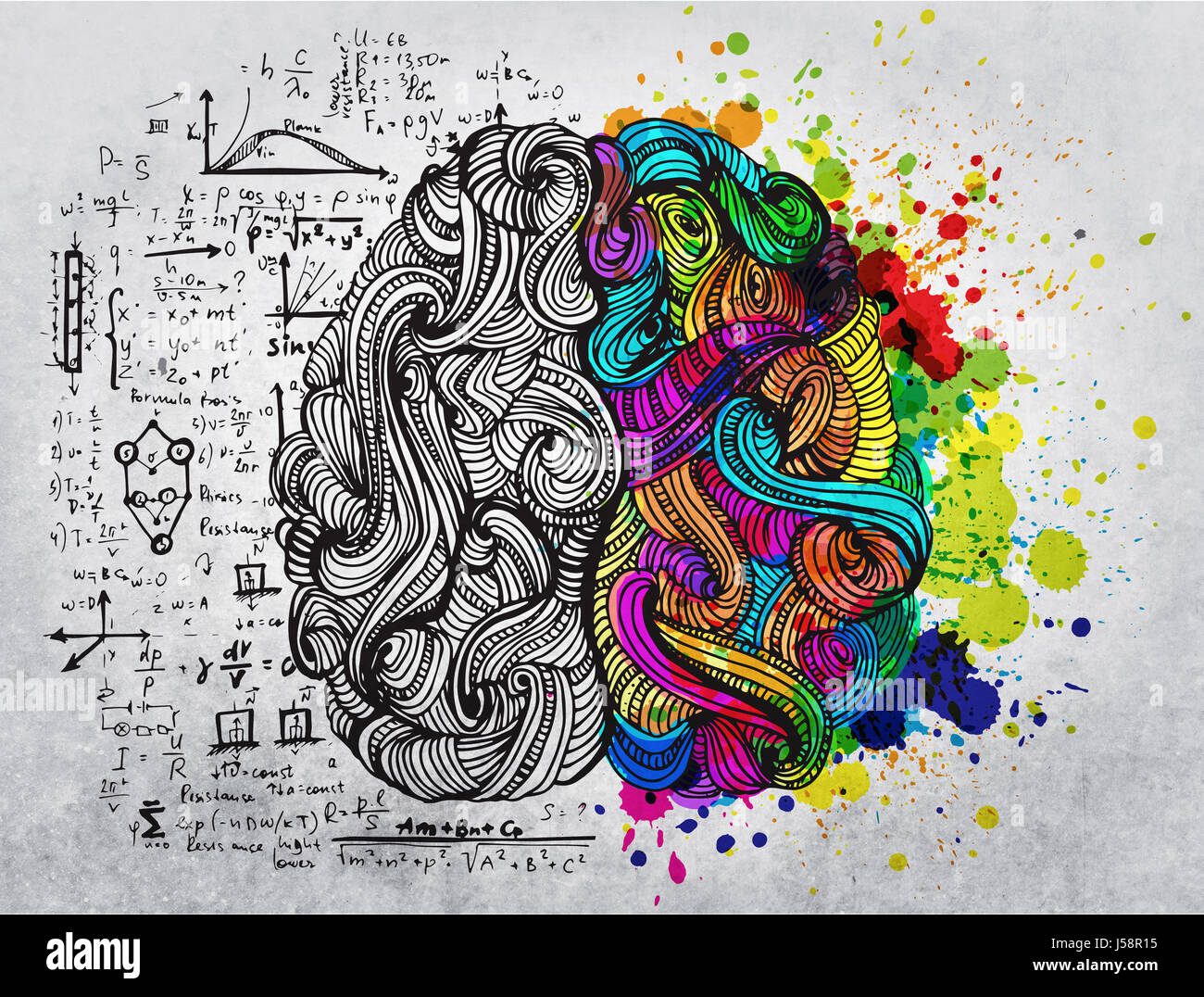 Gehirn-Doodle-Konzept über kreative rechts und logischen Links Stockfoto